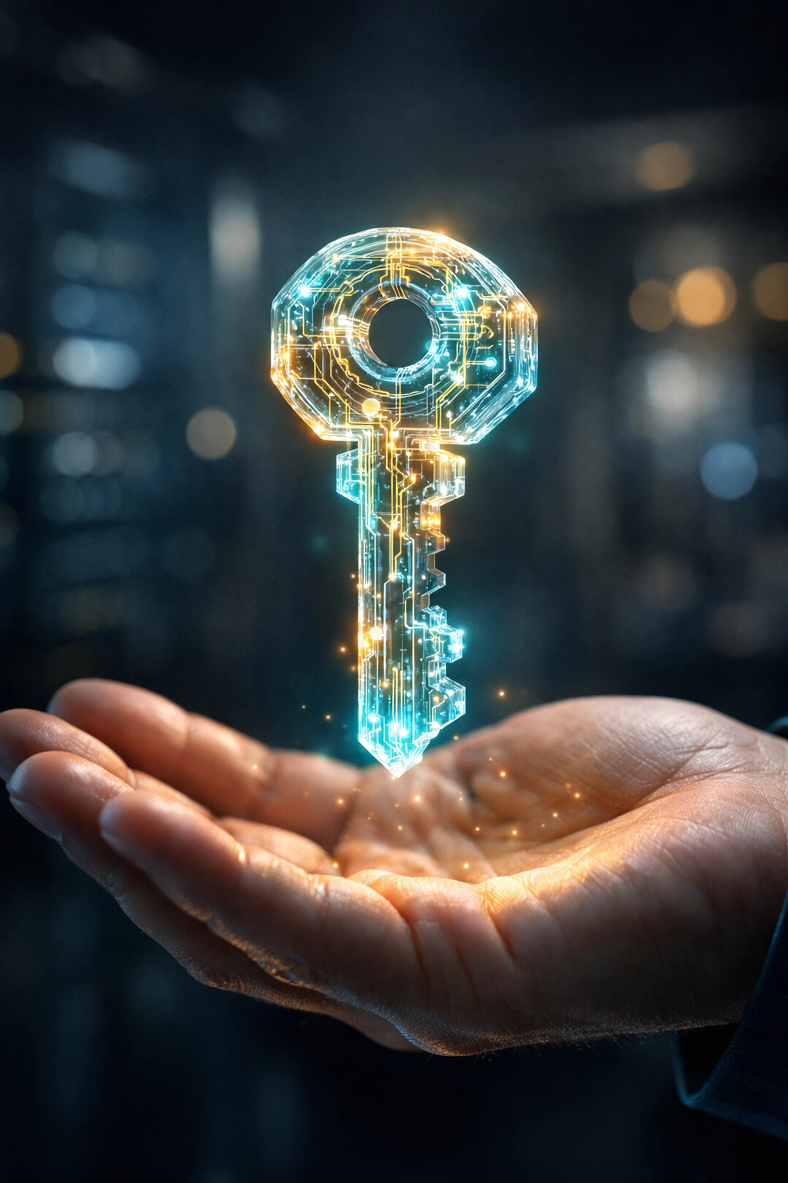 Glowing digital key symbolizing self-custody and merchant control over Web3 global payments.