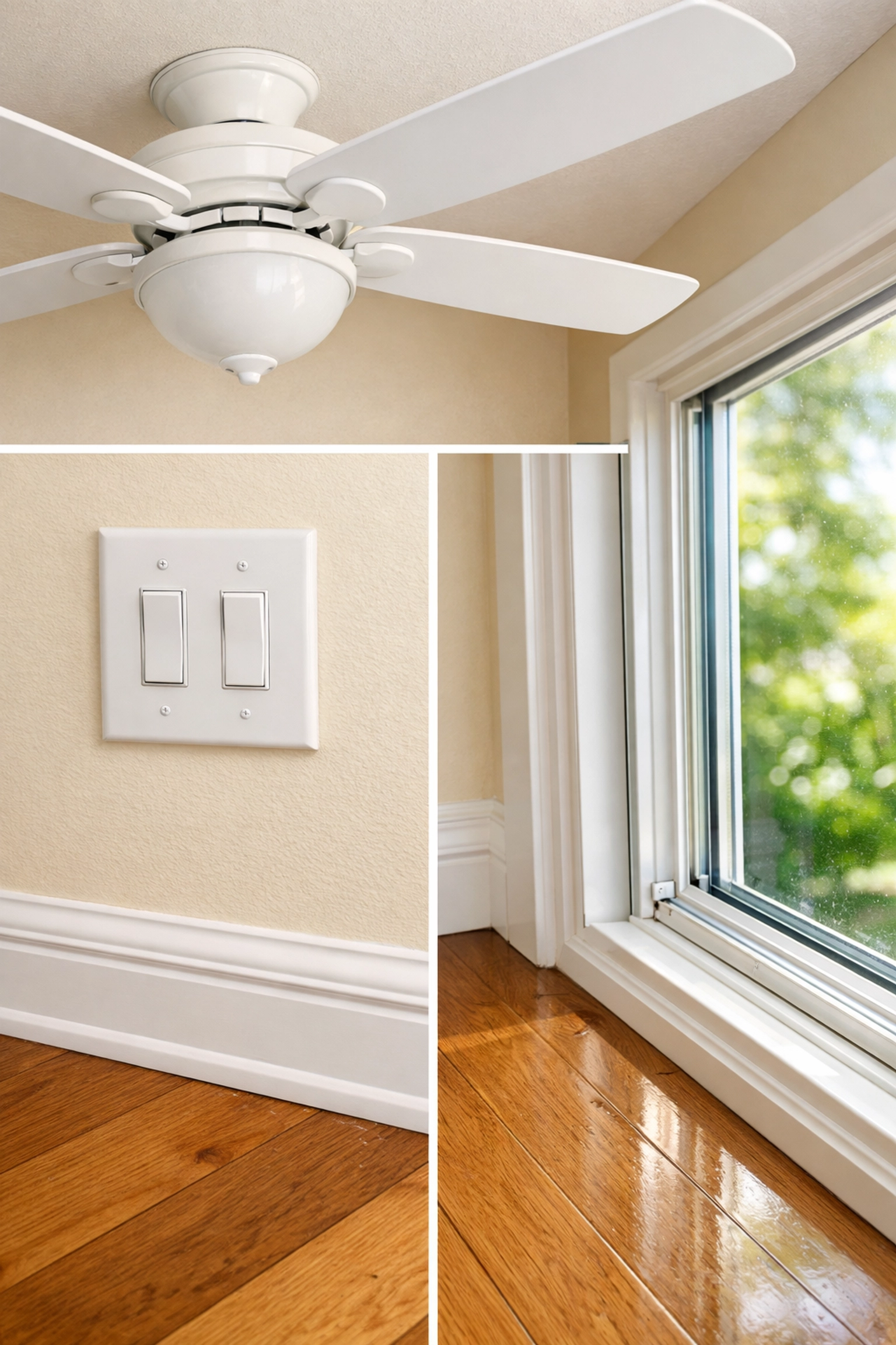 Clean living room details including ceiling fan, baseboards, and windows for move-out inspection