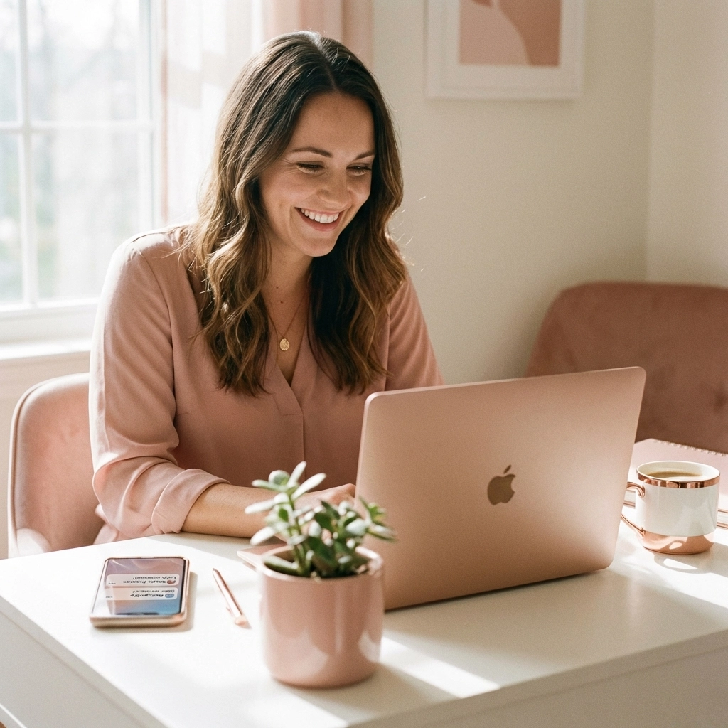 Woman entrepreneur smiling at home office desk, connecting authentically through social media strategy.