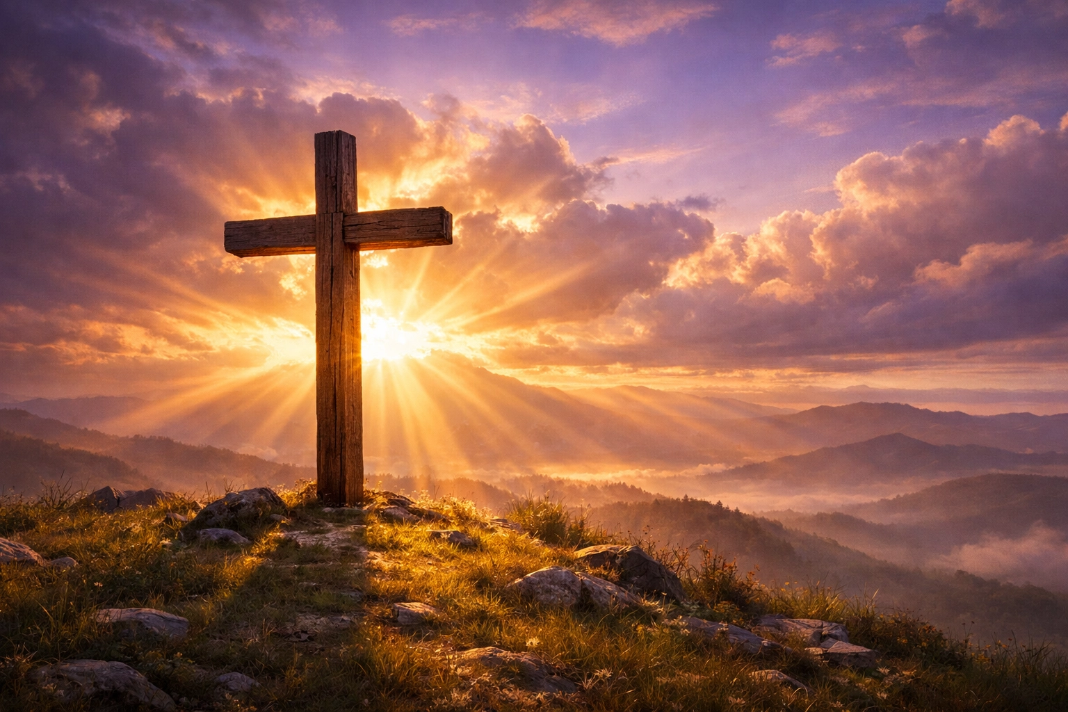 በማለዳ ላይ በተራራው ላይ ያለውን የእንጨት መስቀል ባዶ ማድረግ የኢየሱስን የማዳን ሥራ ያመለክታል