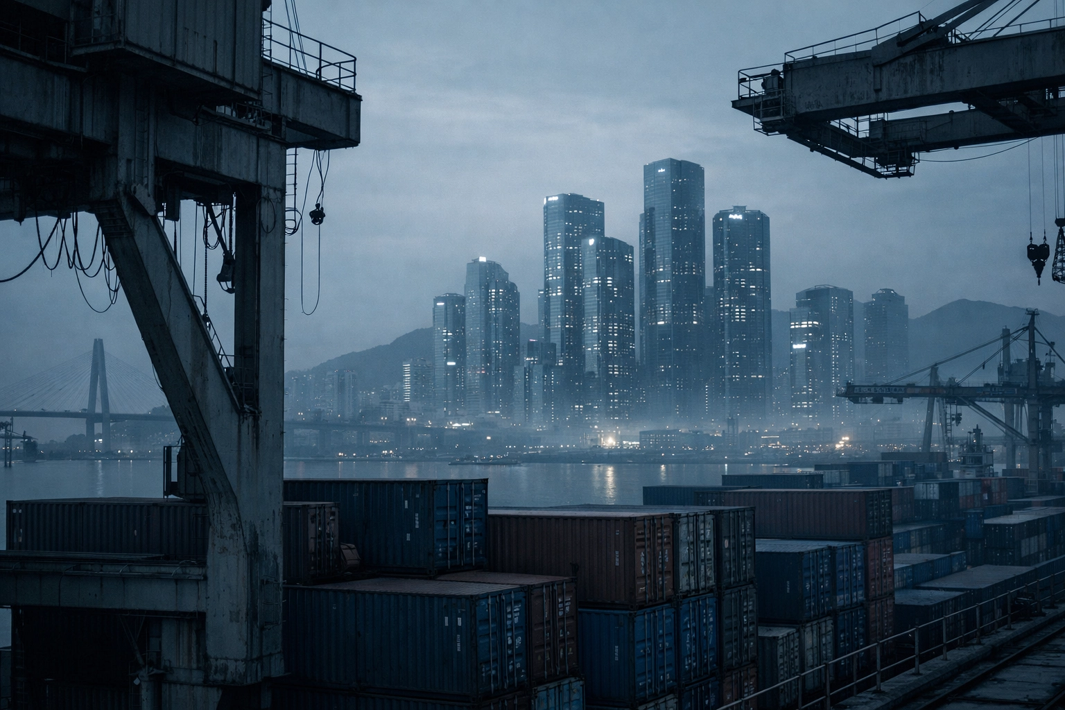 Port of Busan industrial cranes with distant tech towers showing the evolution of the Korea startup ecosystem.