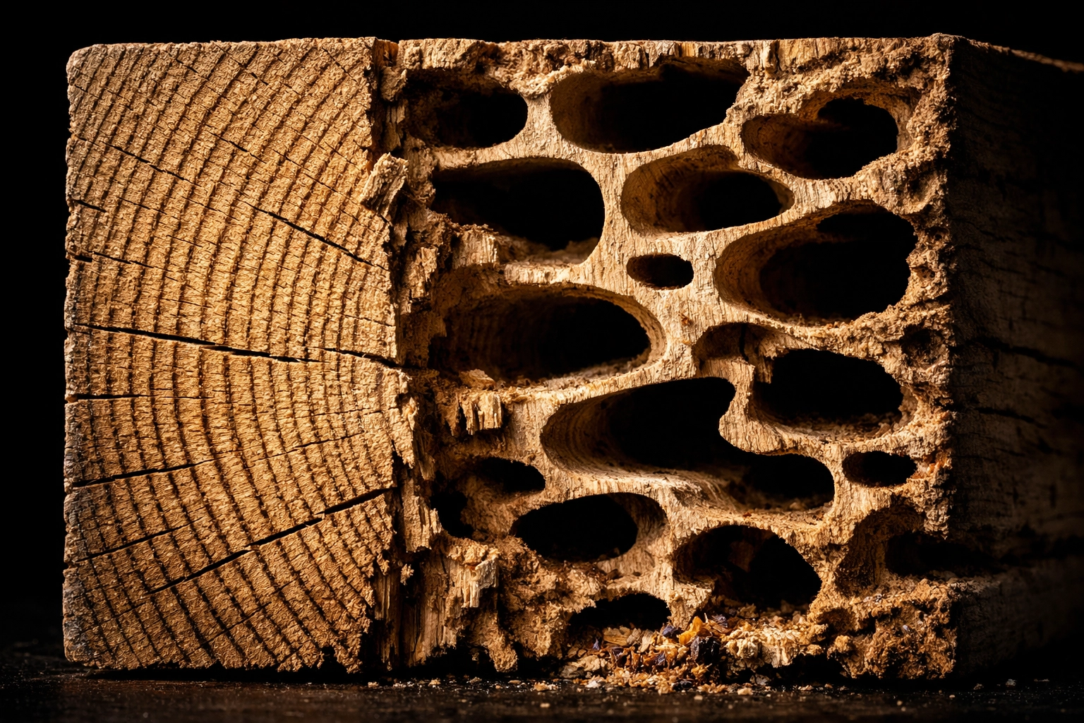 Severe structural damage to a timber beam caused by carpenter ants in a Westchester County home.