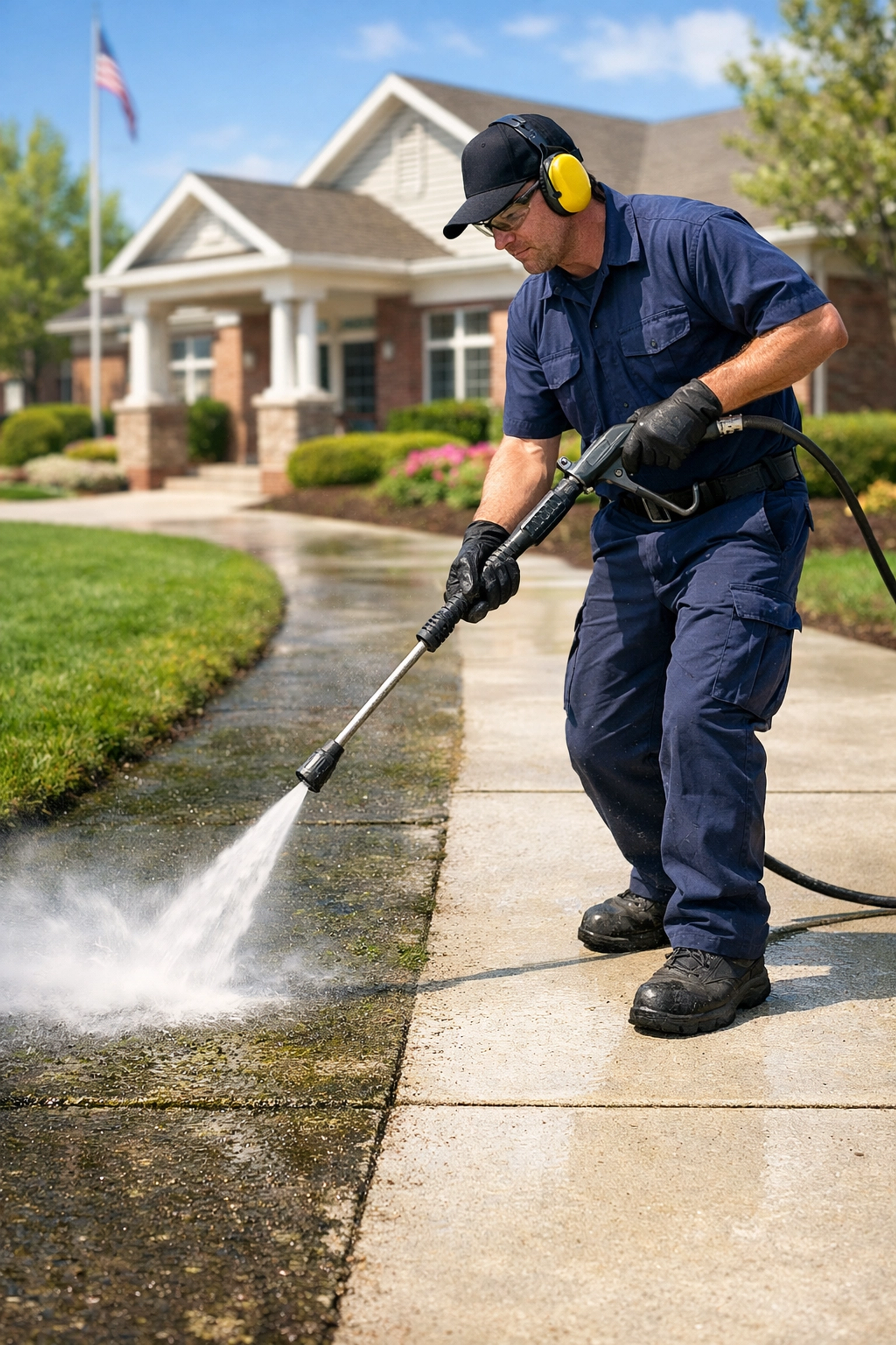 Professional pressure washing service clearing winter grime from a Nashville HOA community sidewalk.