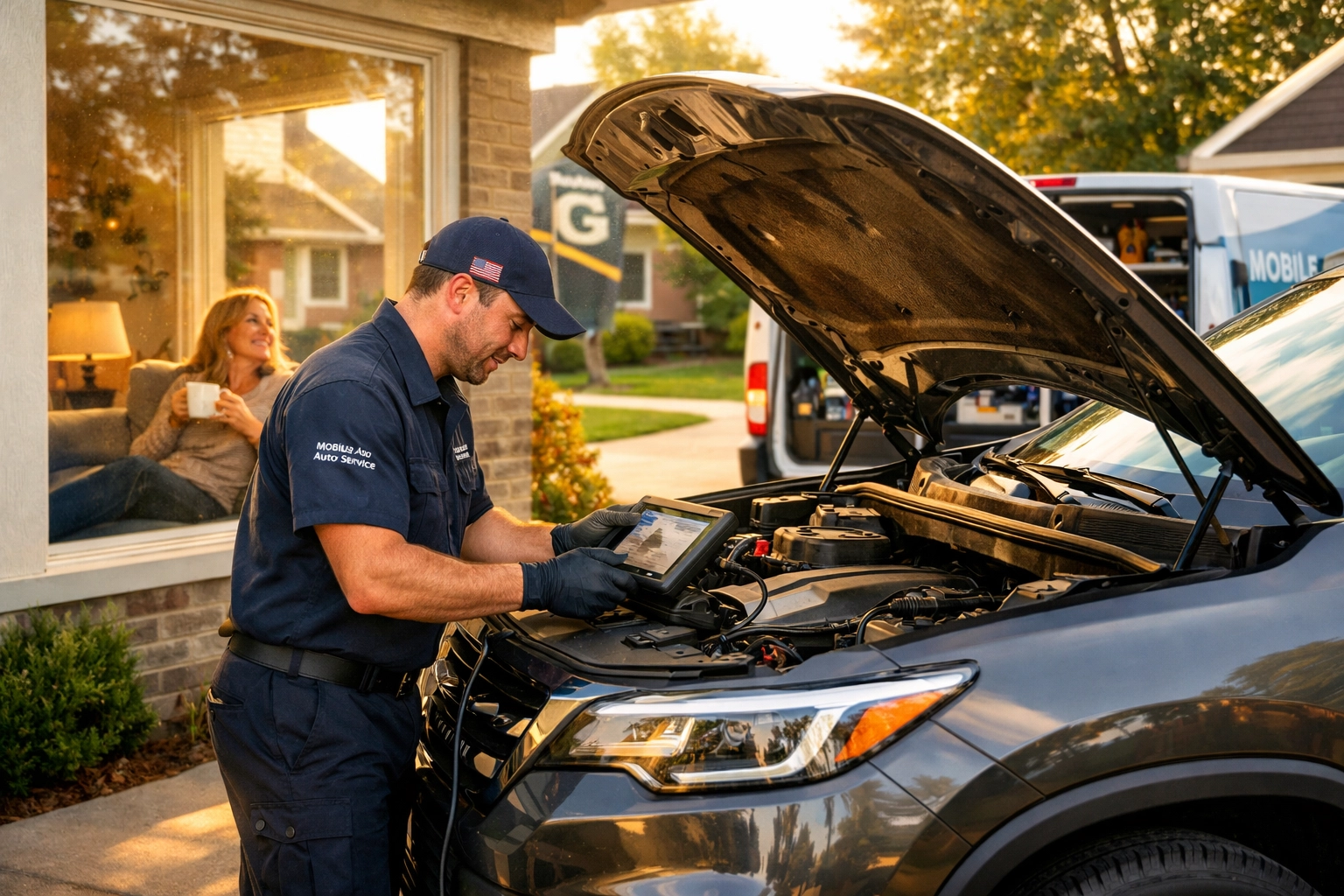 Mobile mechanic in Green Bay performing a vehicle diagnostic check in a customer's driveway.