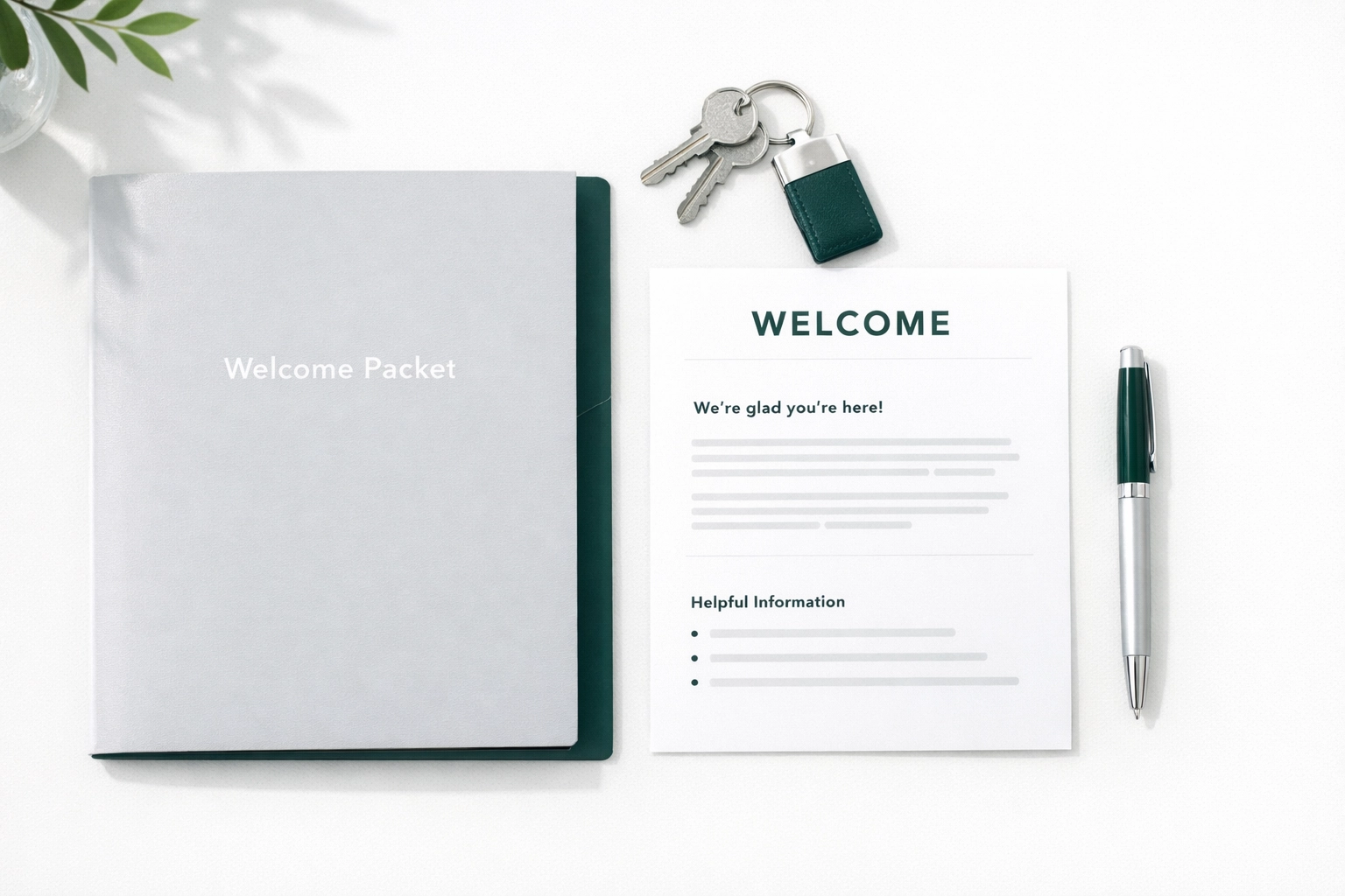 Organized tenant welcome packet with keys and documents for new apartment residents
