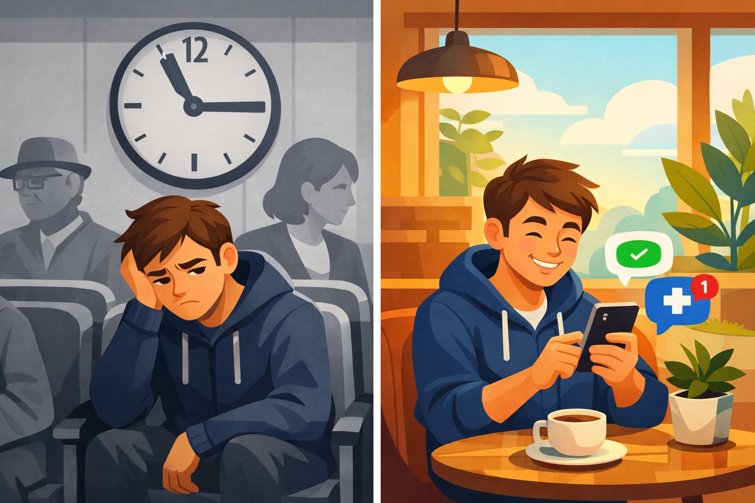 Comparison of traditional doctor waiting room versus convenient online telehealth prescription service