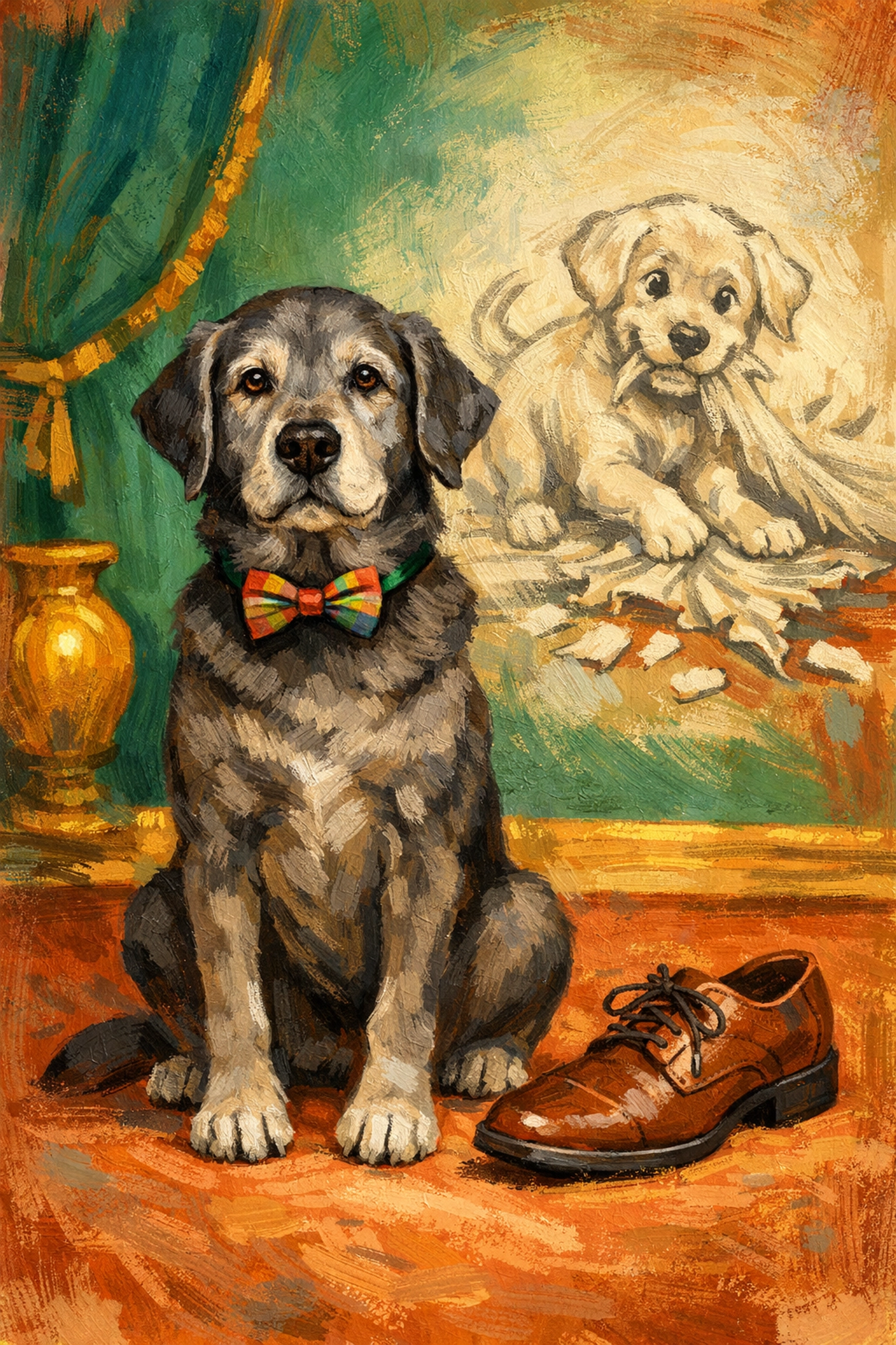 A well-behaved senior dog in a bowtie next to a shoe, illustrating pet adoption benefits.