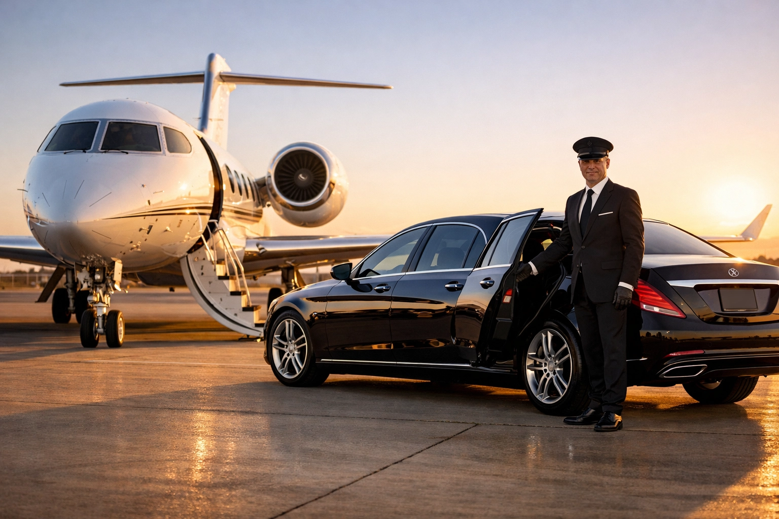 Private jet and luxury chauffeur sedan on tarmac providing seamless executive travel for Super Bowl logistics.