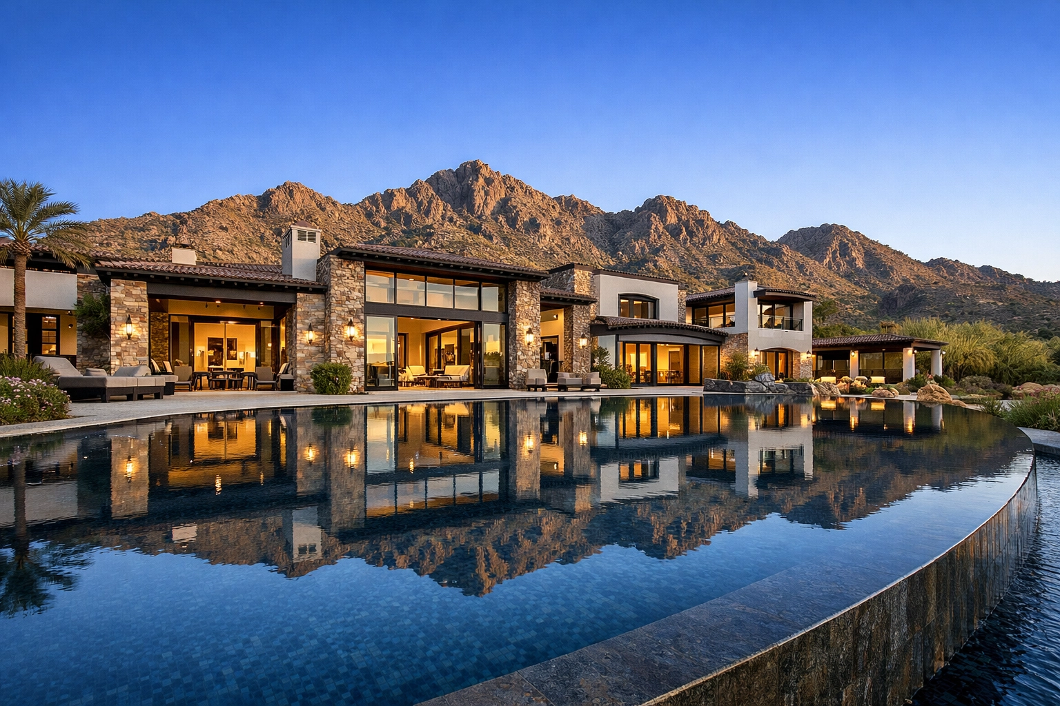 Luxury Silverleaf home for sale in Scottsdale featuring modern architecture, an infinity pool, and mountain views.