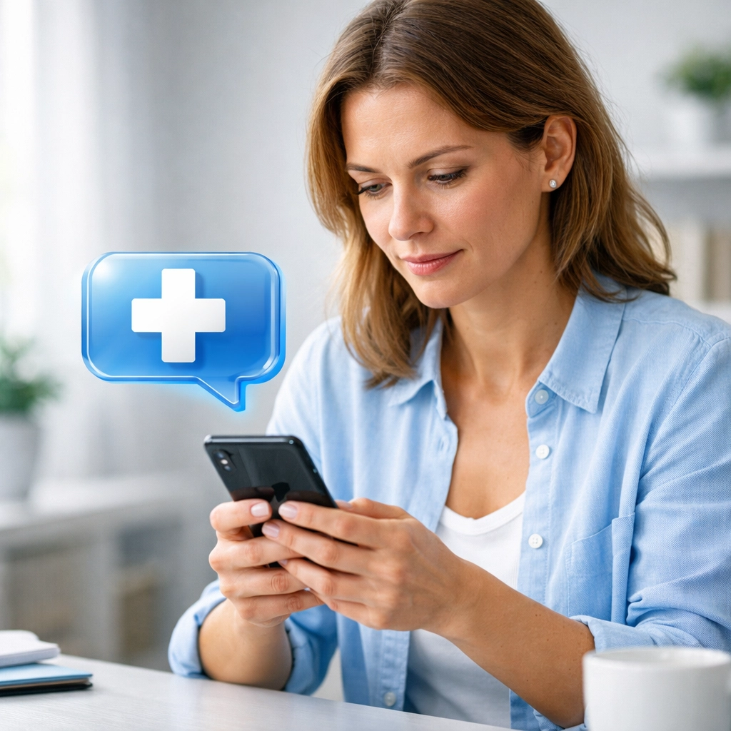 Woman using secure text messaging to consult with an online doctor for a UTI prescription.