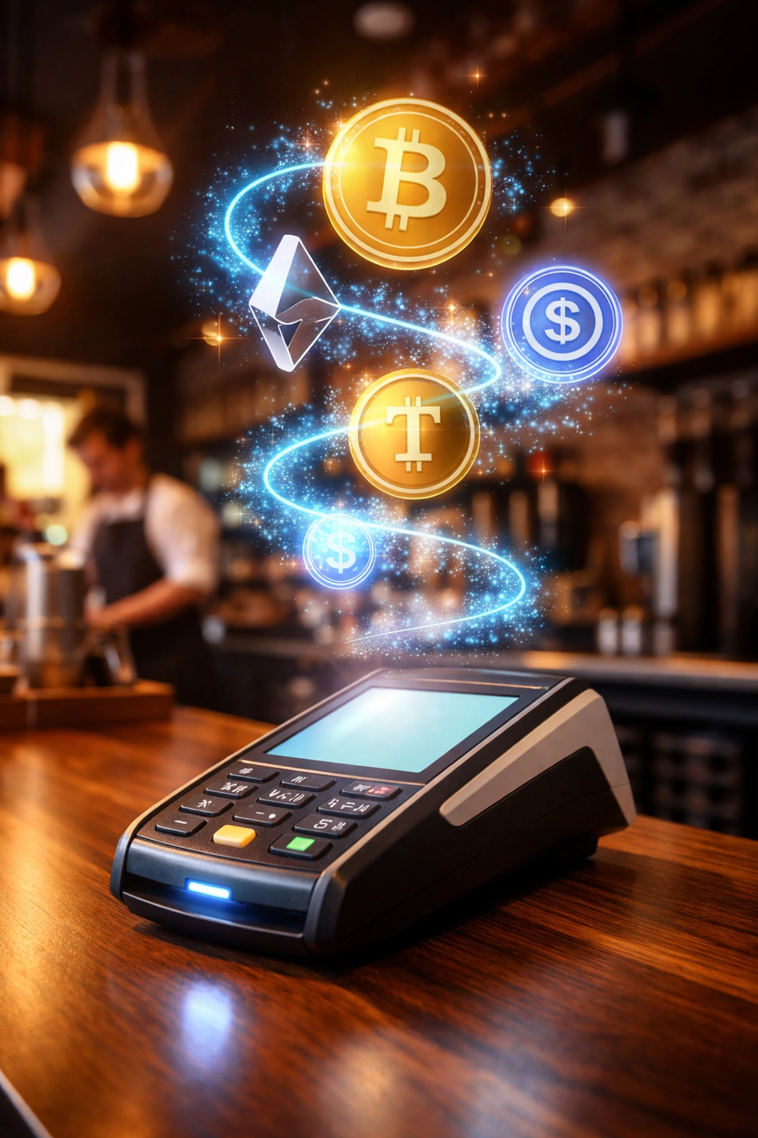 Small business POS system with floating cryptocurrency symbols in a coffee shop, representing innovative crypto payments.