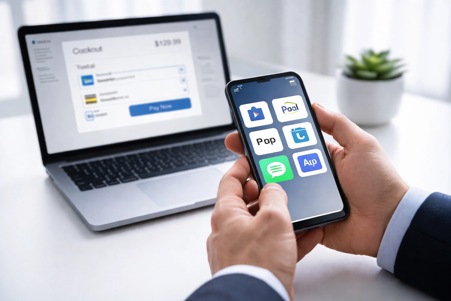 Businessman holding a smartphone with multiple payment app icons, illustrating flexible ecommerce payment processing options