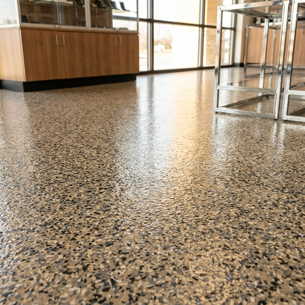Close-up of polymer flake epoxy flooring in a retail store, showcasing decorative chips and commercial durability.