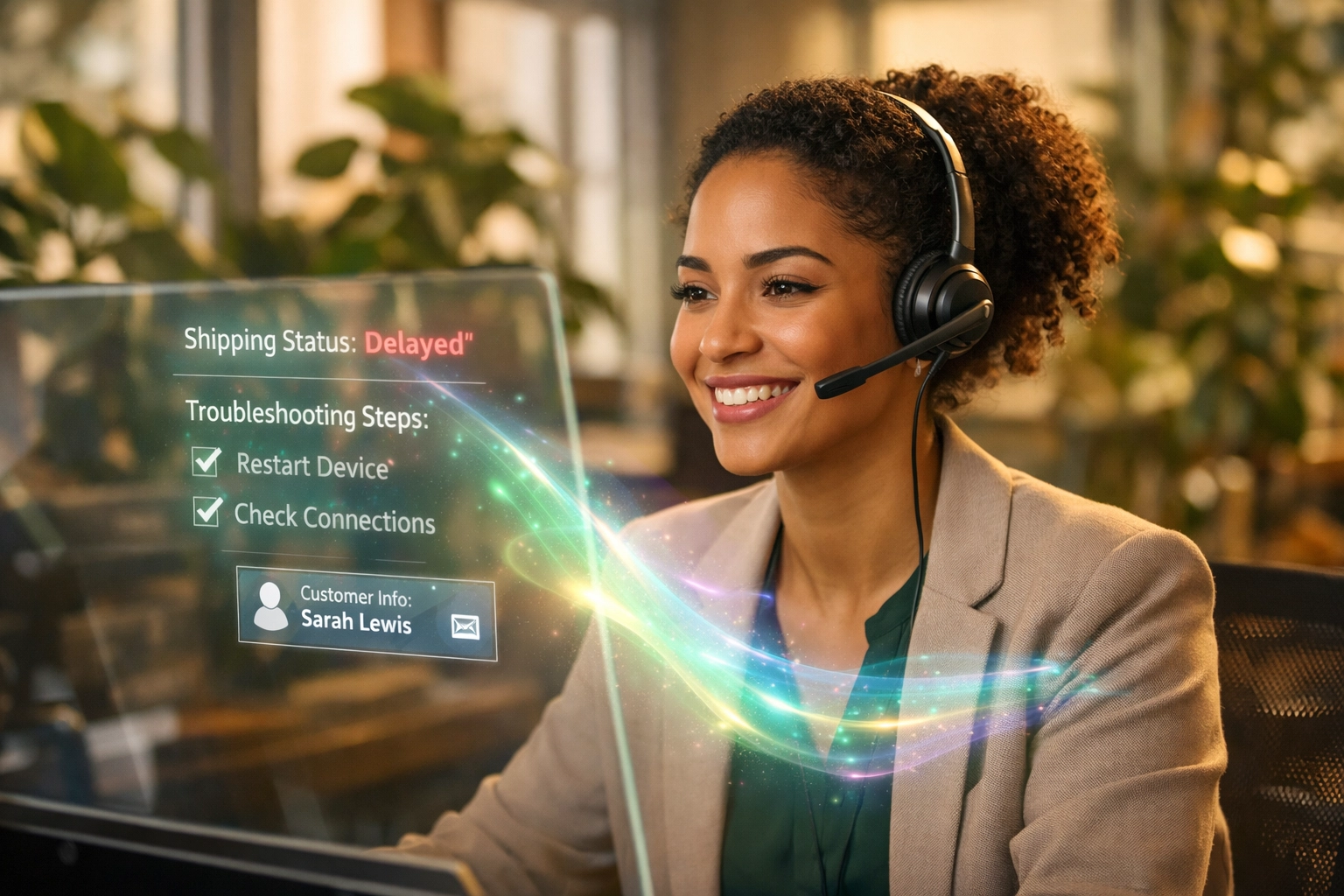 Customer support agent working alongside an AI copilot to provide empathetic, high-value assistance.