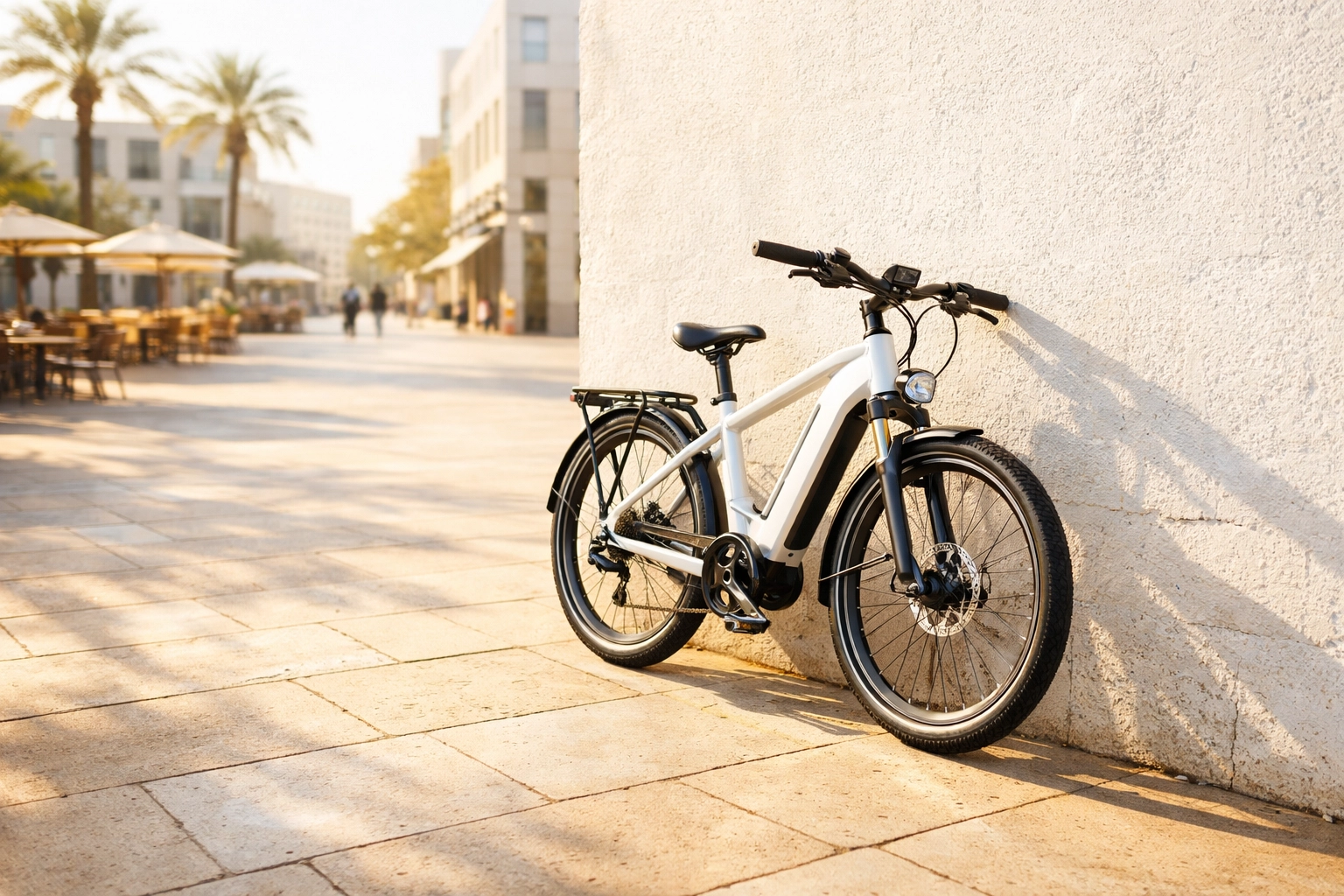 An electric bike in sun-drenched downtown Greenville, perfect for exploring while a maid service cleans.