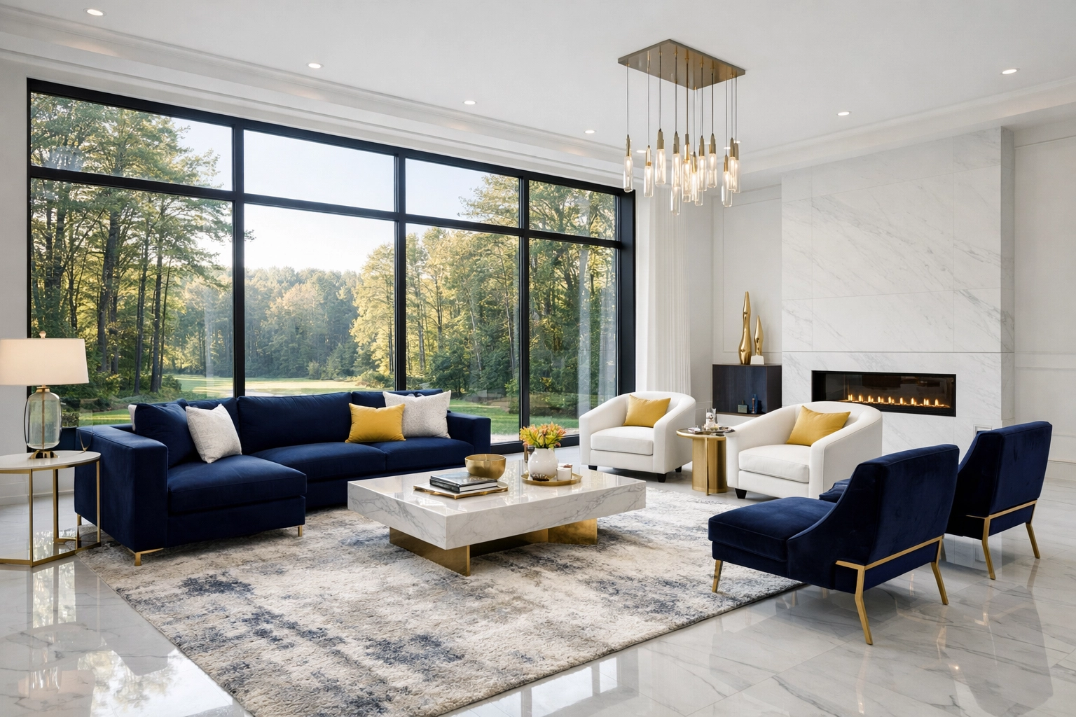 Luxury residential cleaning Massachusetts service for a pristine Dover estate living room with marble floors.
