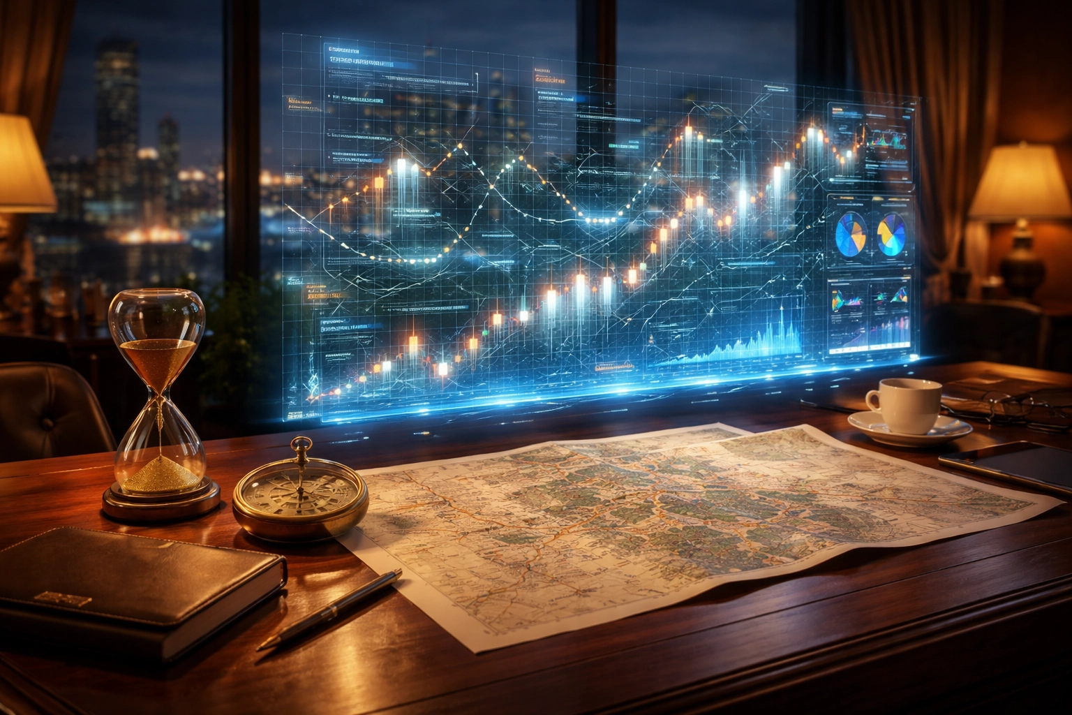 An investor's desk with financial analytics and planning tools symbolizes the importance of regular portfolio review and rebalancing.