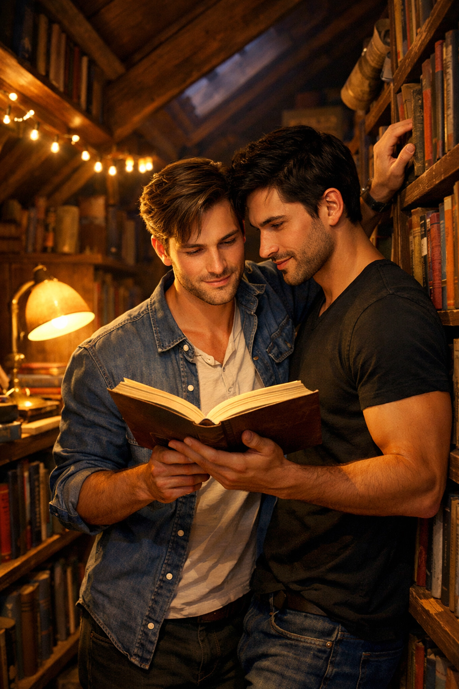 Two men close together in a narrow library aisle, showing the forced proximity trope in mm romance novels.