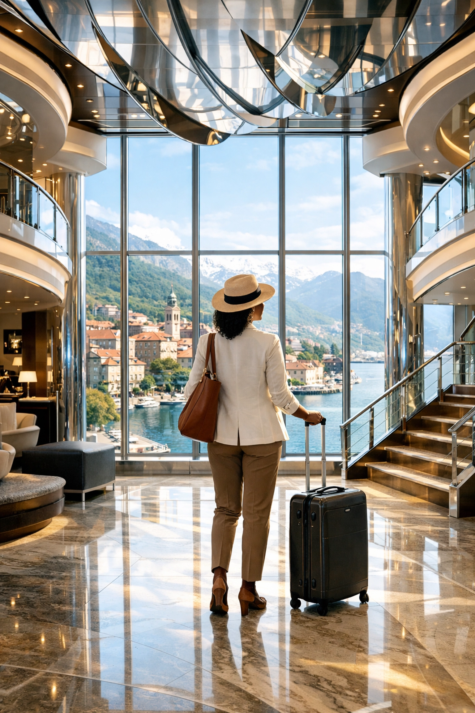 A traveler enjoys a luxury cruise atrium, curated by an experienced Adults Only travel agent in Omaha.