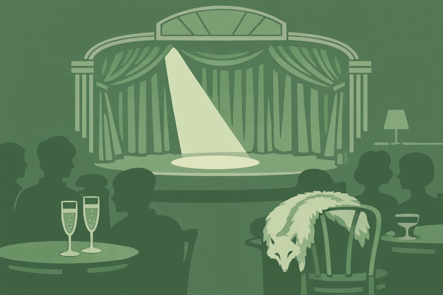 Max's Kansas City nightclub stage with champagne and fur evoking Candy Darling's glamorous 1970s scene