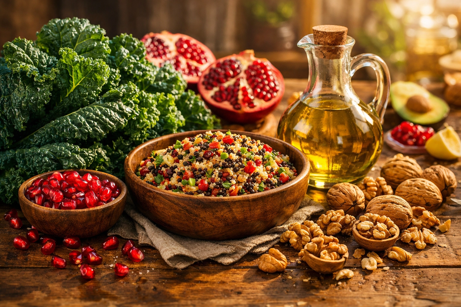 A variety of hormone-balancing whole foods like kale, nuts, and quinoa for a PCOS-friendly diet.