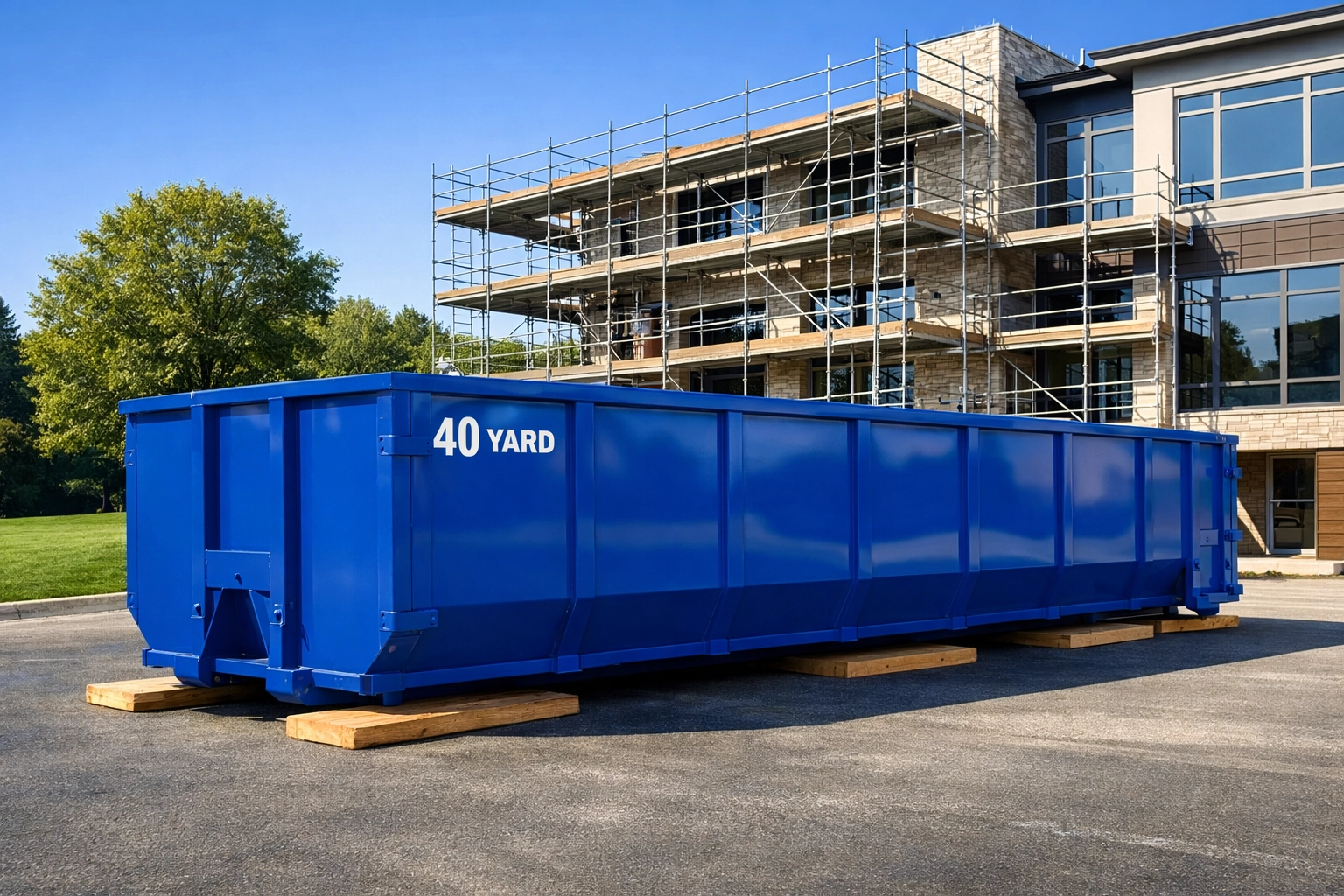 Best Bin Size for North York Projects Large blue 40-yard dumpster for North York construction projects, safely placed on driveway protection boards.