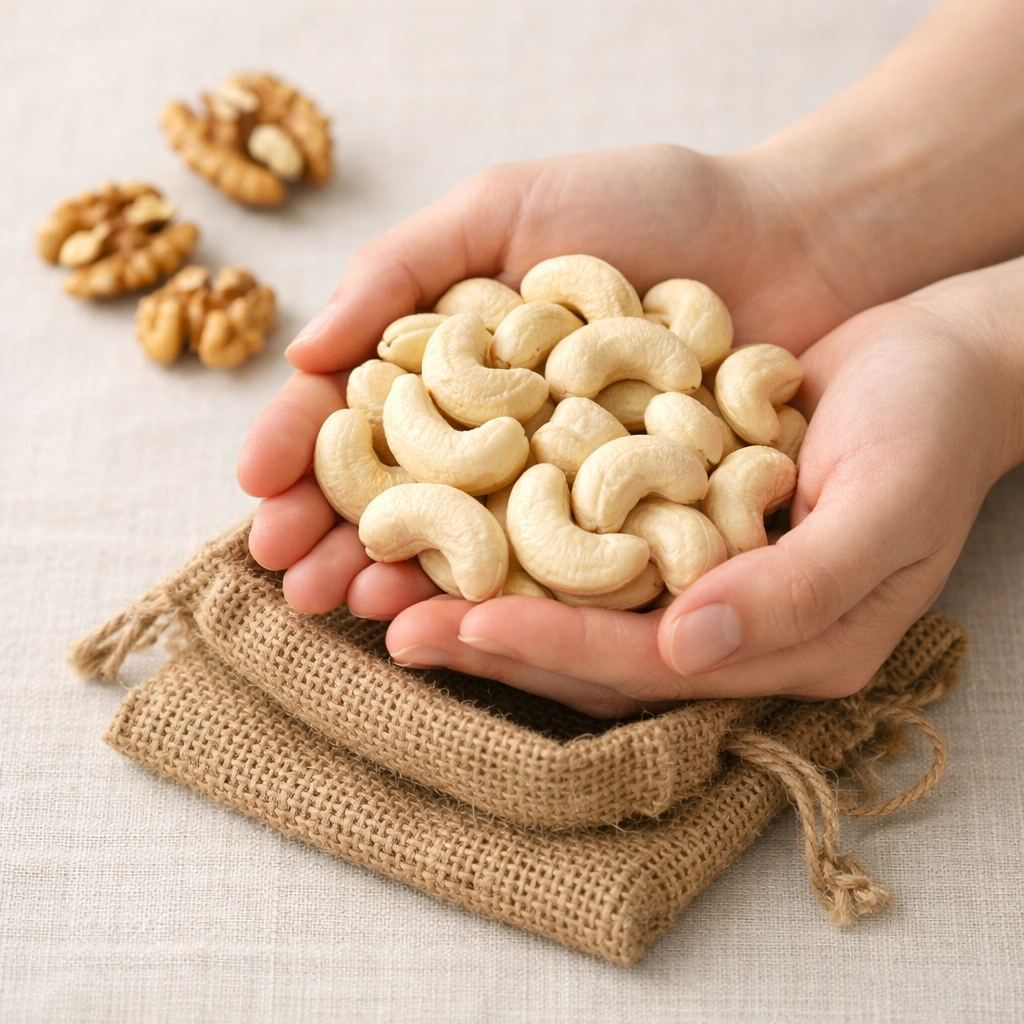 Premium cashew nuts and walnuts in a rustic setting, showcasing fresh harvest quality.