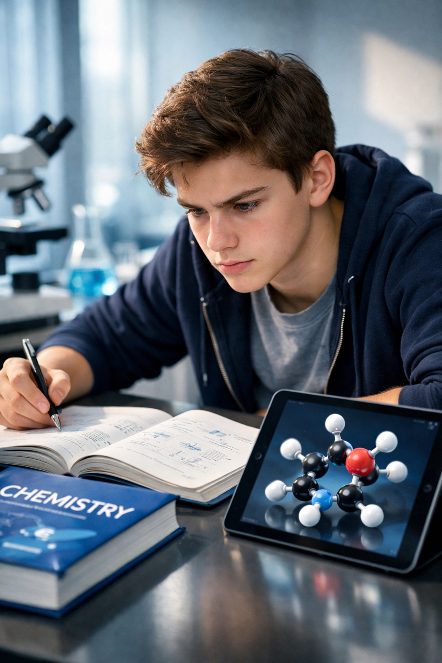 GCSE student studying chemistry with molecular models to secure a Grade 9 in the science intensive.