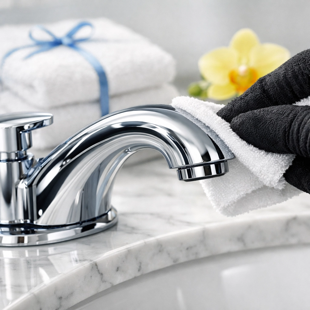 Detailed view of a sparkling bathroom vanity and faucet following a precise weekly house cleaning in Carlisle.