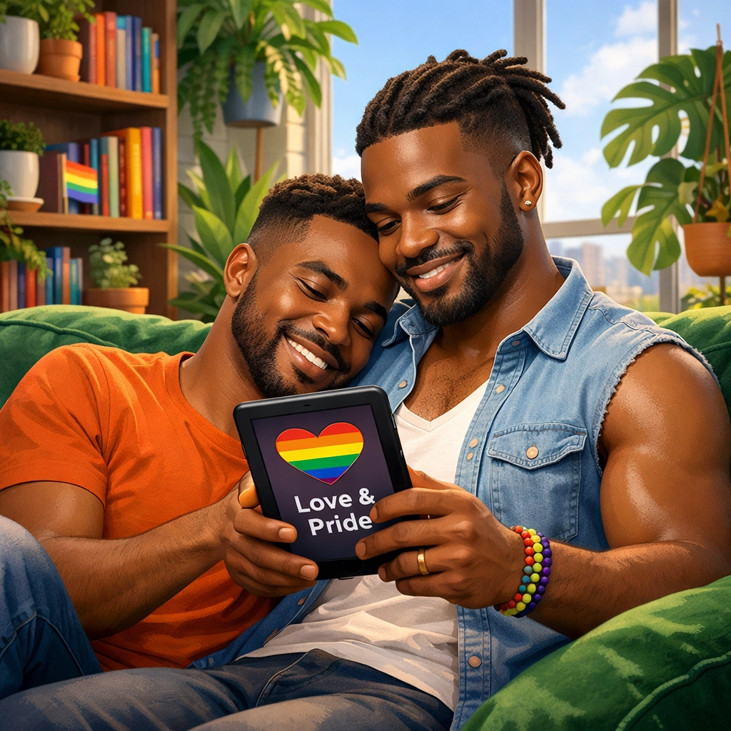 A romantic Black gay couple sharing a peaceful moment while reading MM romance books on an e-reader at home.