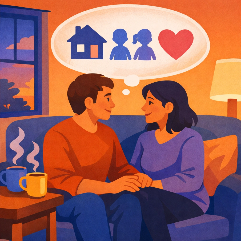 Couple having conversation about family protection and future planning on couch