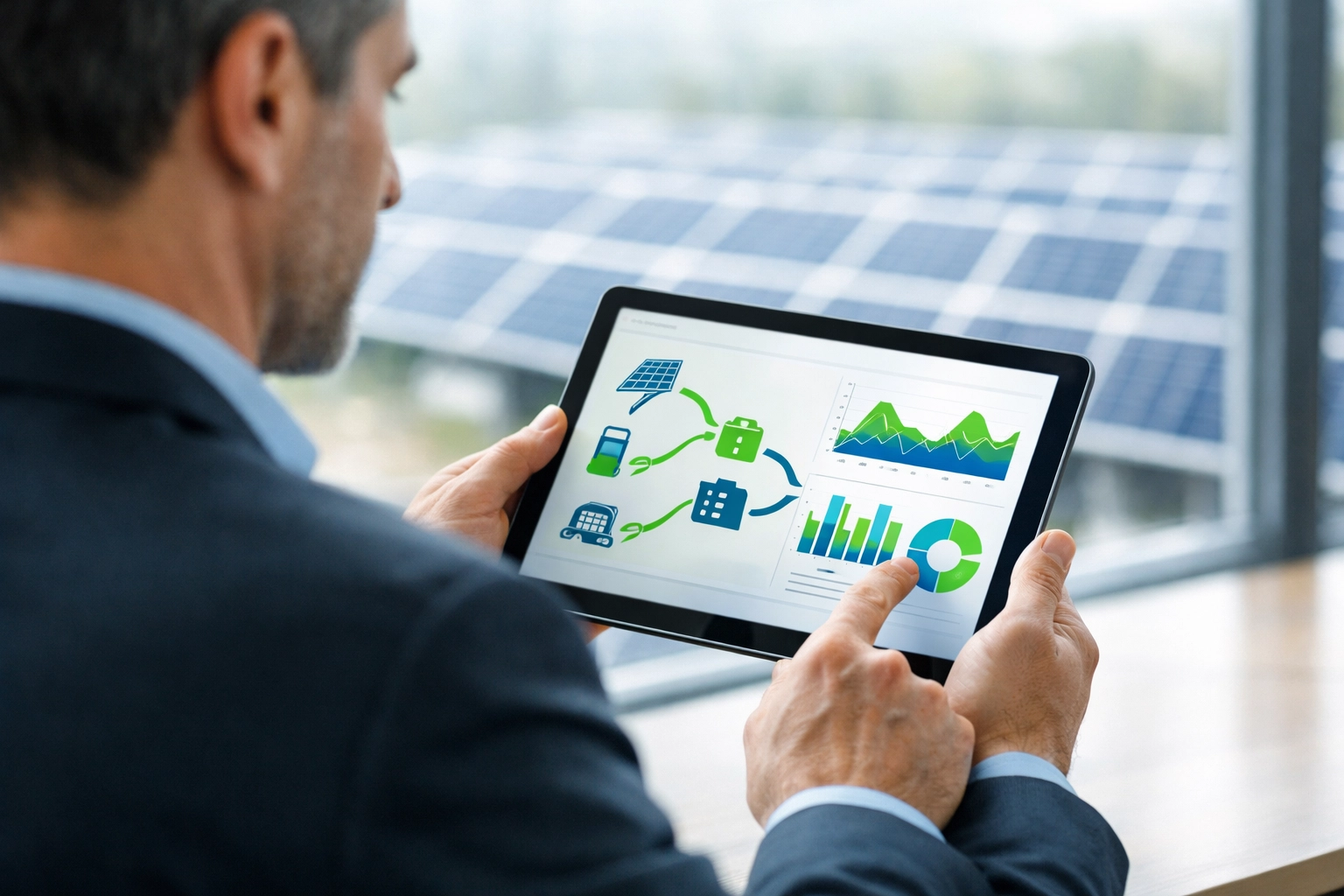 Business manager using a mobile app to monitor real-time solar energy generation and battery storage.