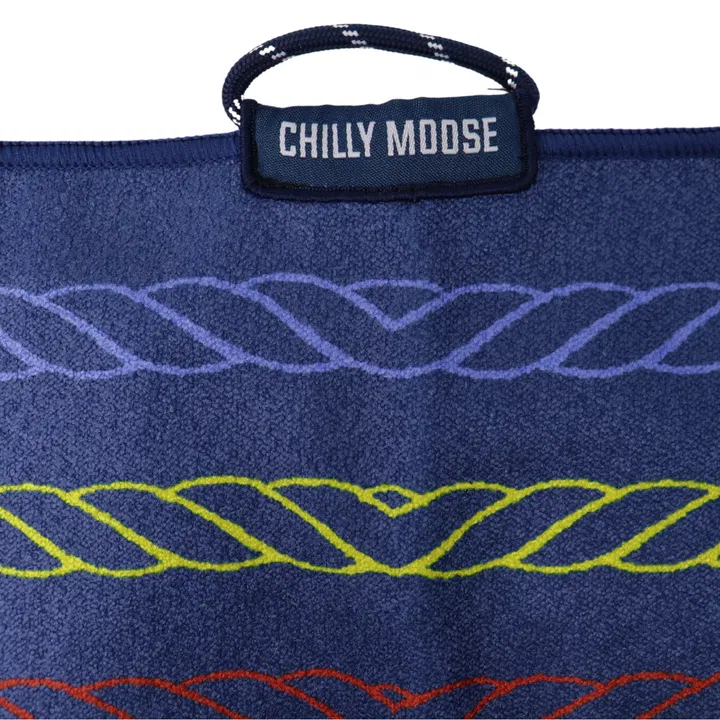 Detail shot of the Chilly Moose Sandbanks towel, showing the durable hanging loop and high-quality fabric.