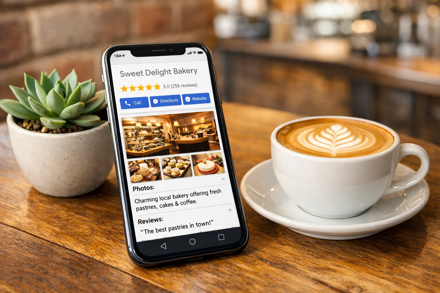 Optimized Google Business Profile with 5-star reviews displayed on a smartphone screen.