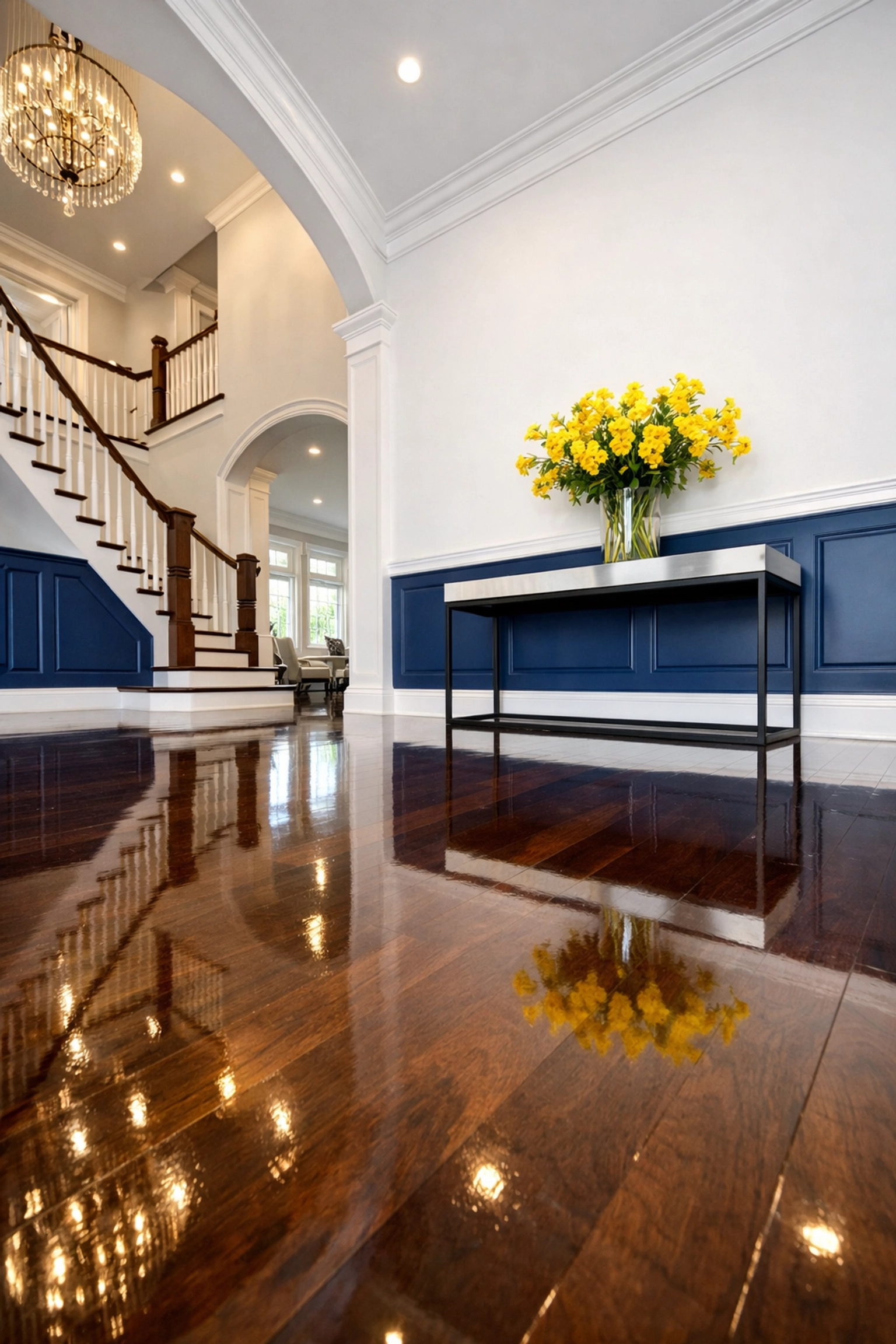 A grand Wayland entryway with polished hardwood floors and pristine baseboards after a ninja-level deep clean.