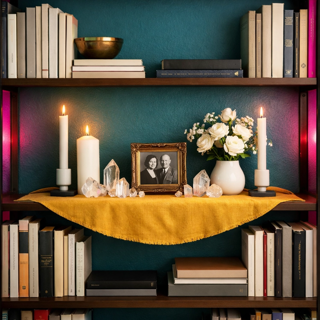 Bookshelf altar with candles, crystals and flowers integrated into home decor