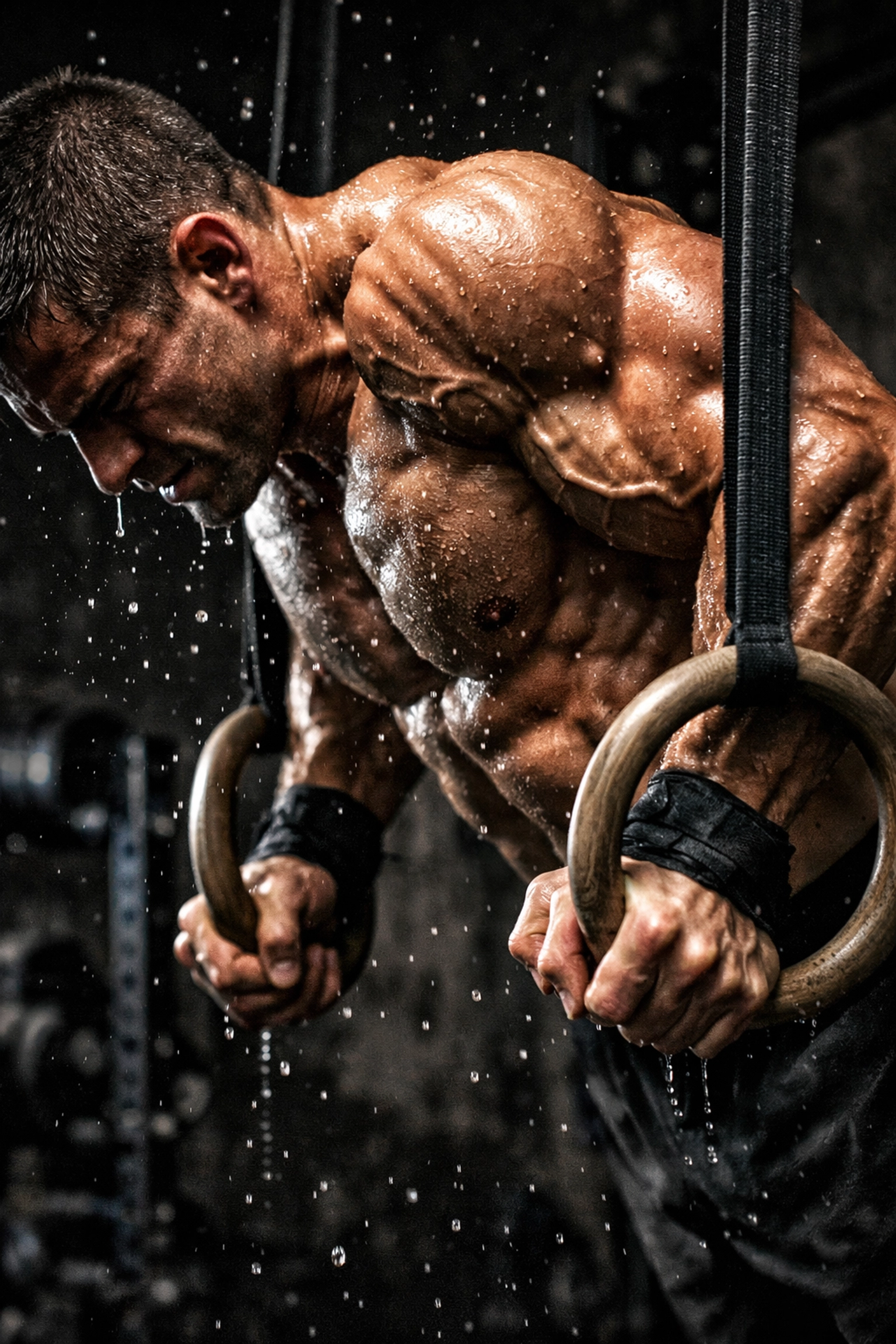 Close-up of intense muscle tension during a full body workout at home for maximum strength.