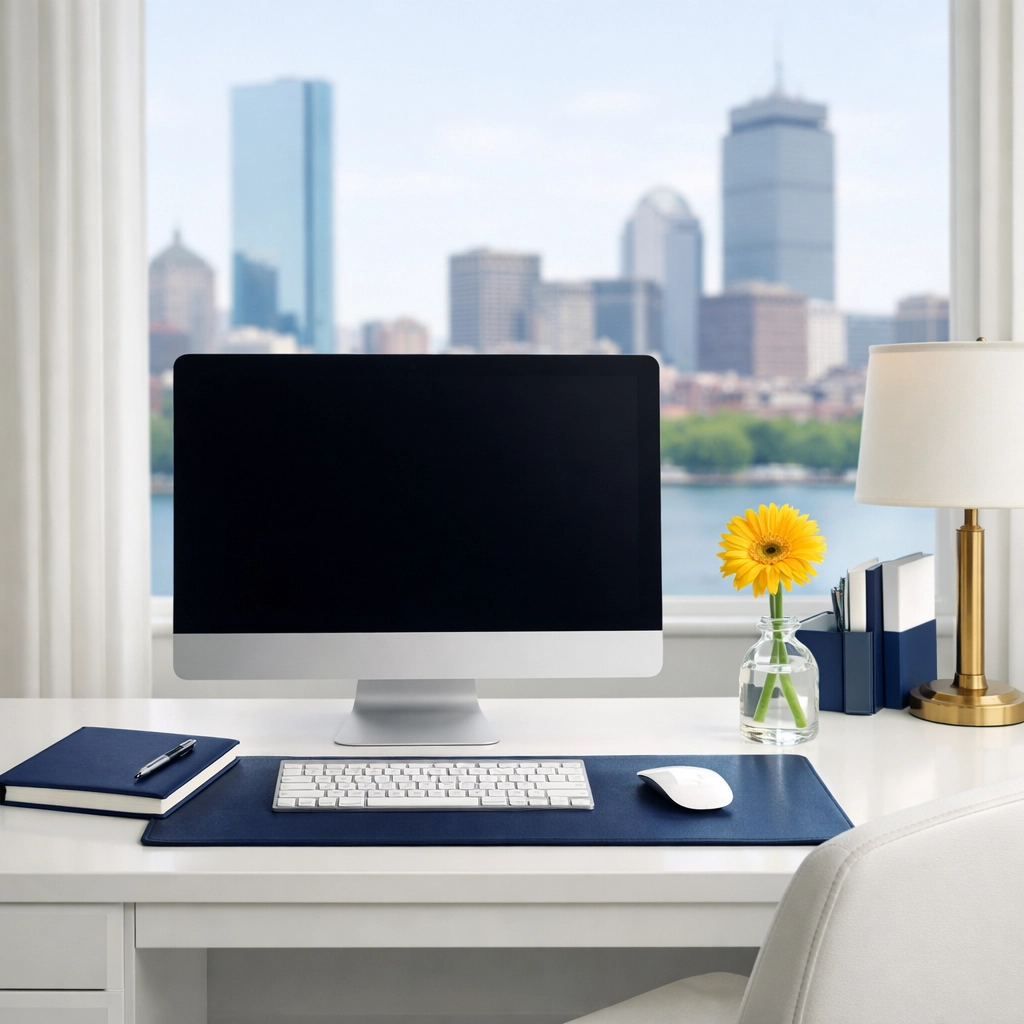Organized Boston home office reflecting the peace of mind from reliable cleaning services near me.