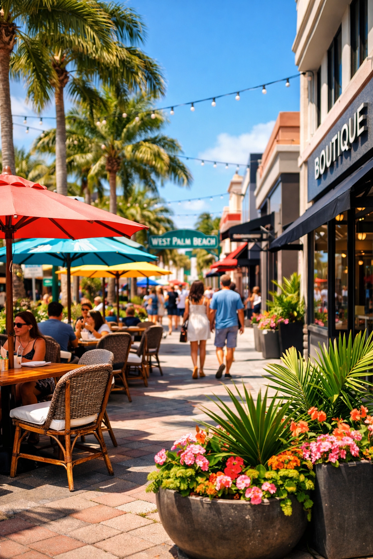 Trendy outdoor cafes and shops in a vibrant pedestrian district of West Palm Beach.