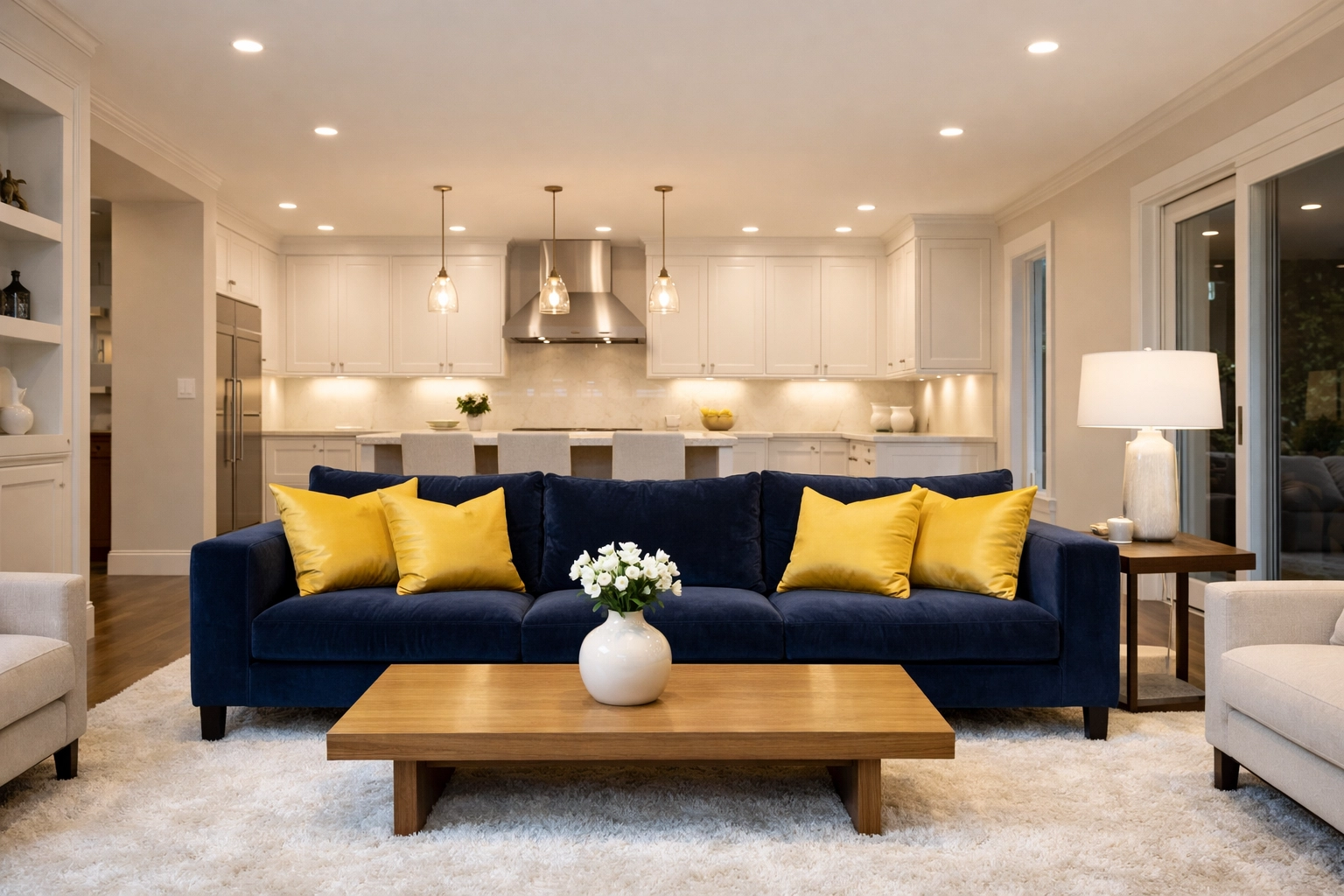 Professionally cleaned open-concept living room and kitchen in a tidy Stow MA residence.