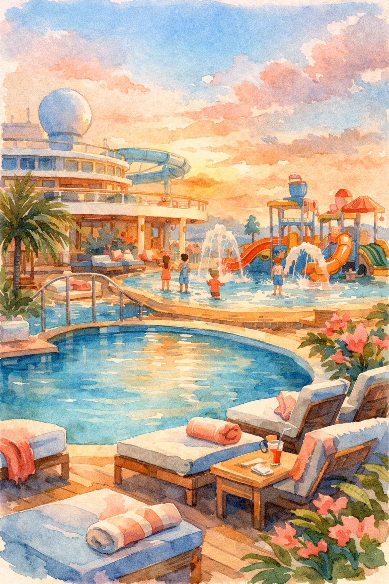 Premium cruise ship deck with adult pool area and kids' splash zone for single mom families