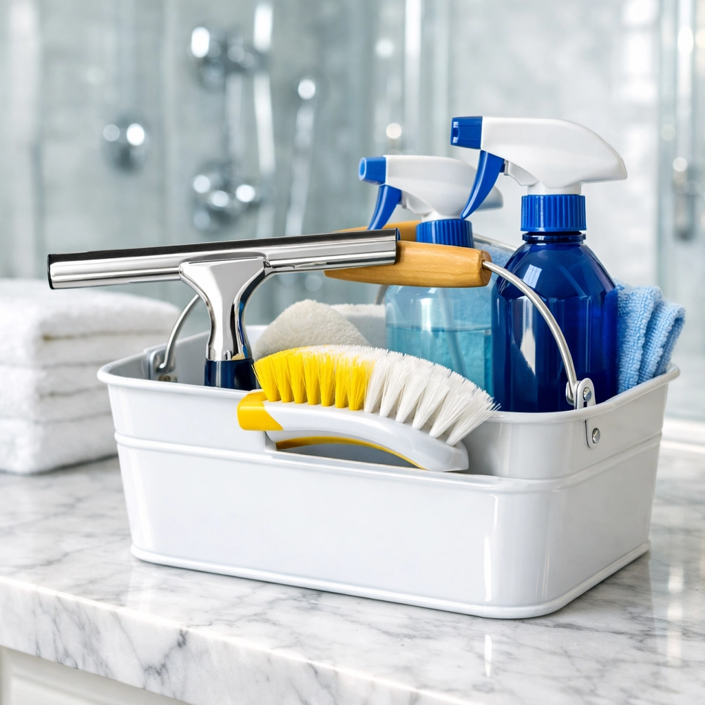 A professional bathroom cleaning caddy with a squeegee and spray bottles on a marble vanity.