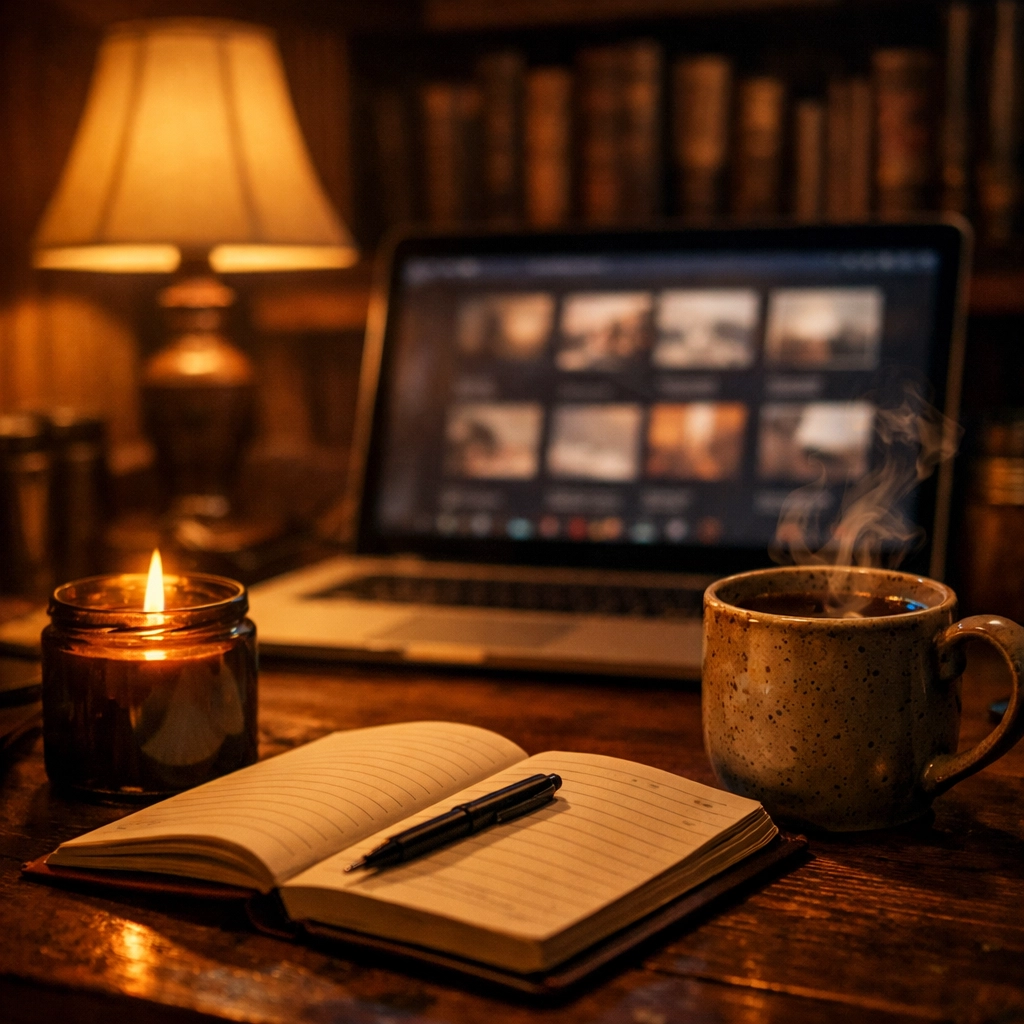 Intimate writer’s workspace with a candle and laptop, illustrating Ang's Digital Hearth for reflection.