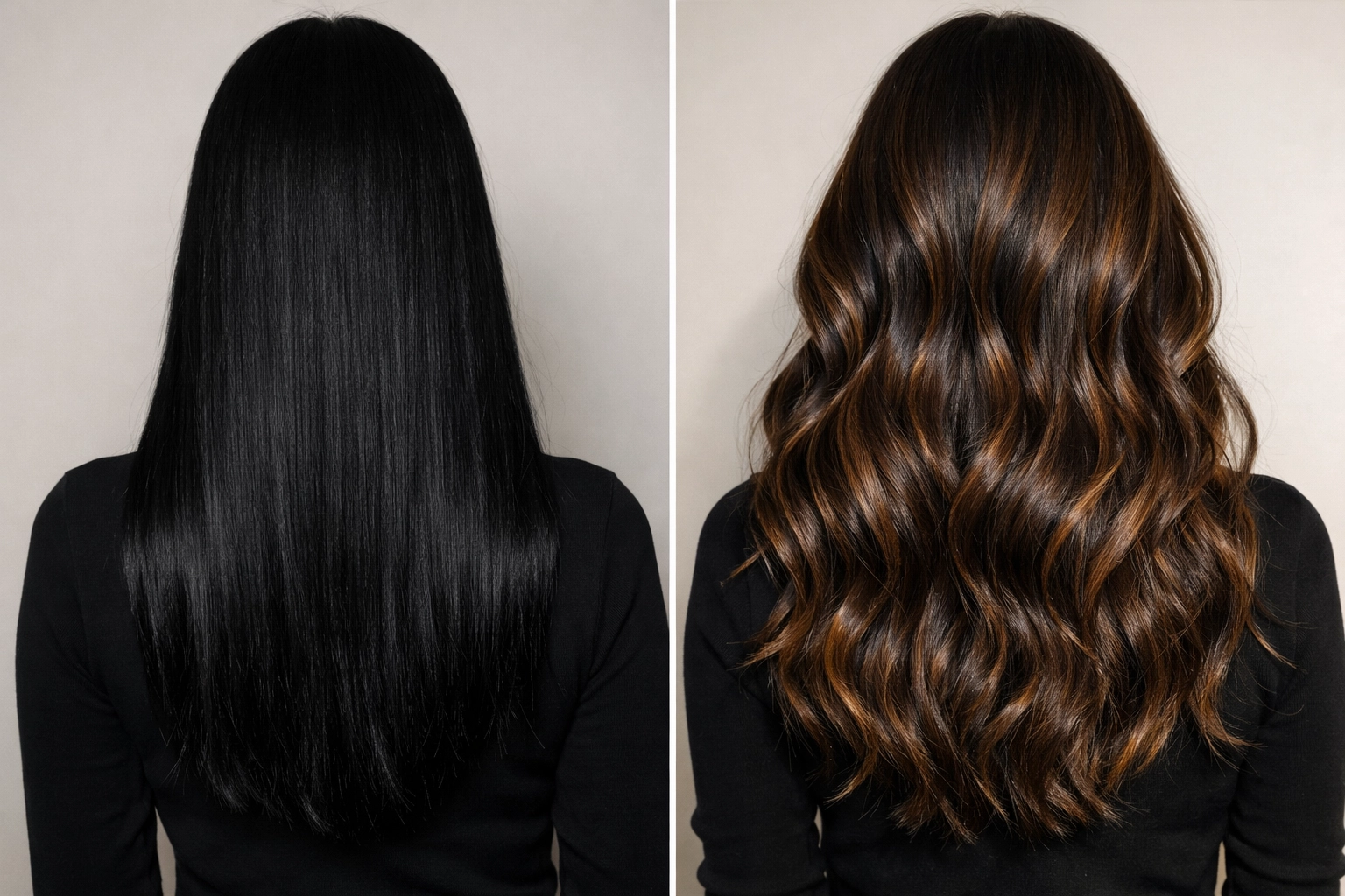 Hair color transformation from black to dimensional brunette with caramel highlights