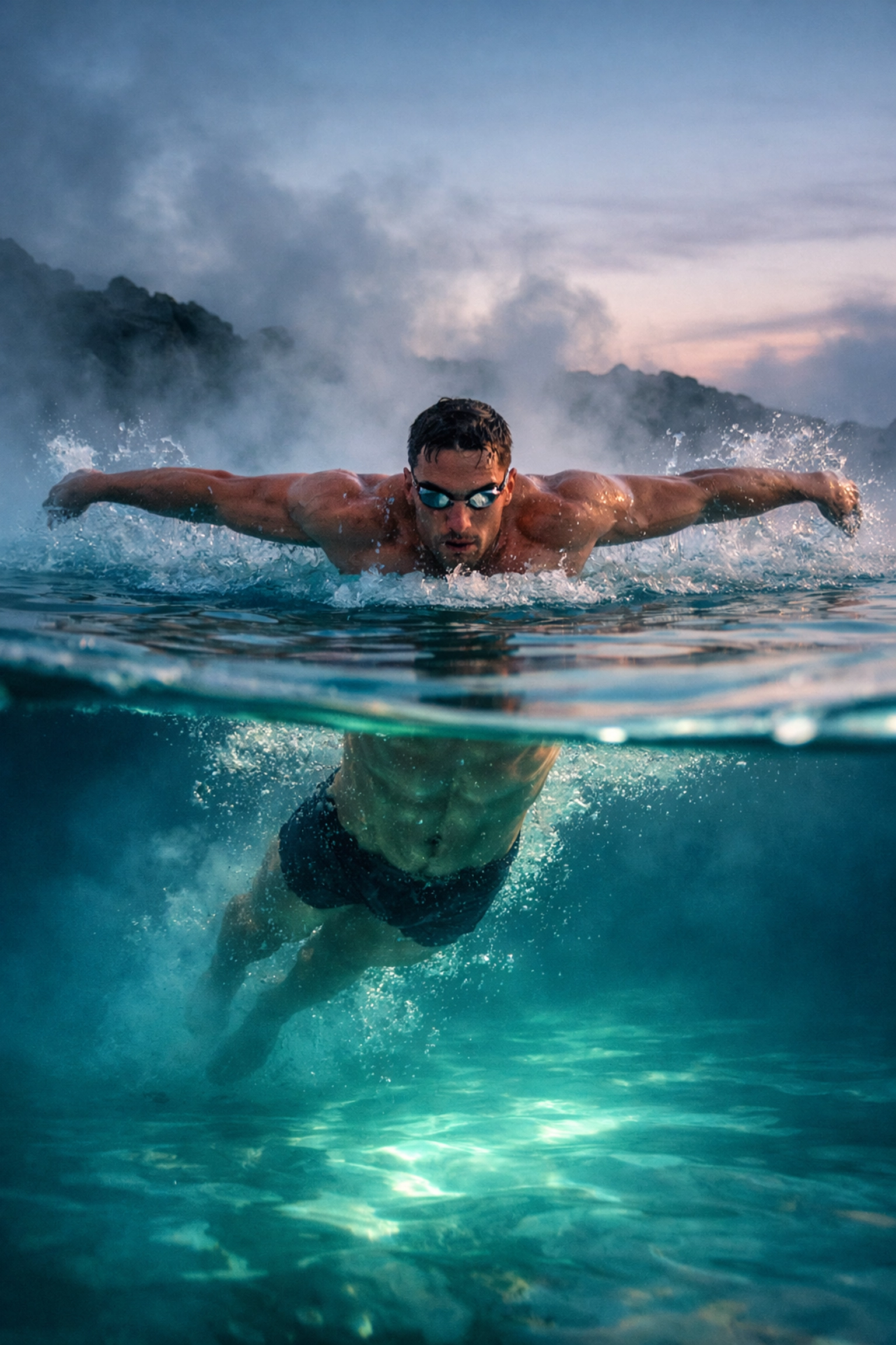 Gay swimmer training alone in steaming Icelandic geothermal pool at dawn