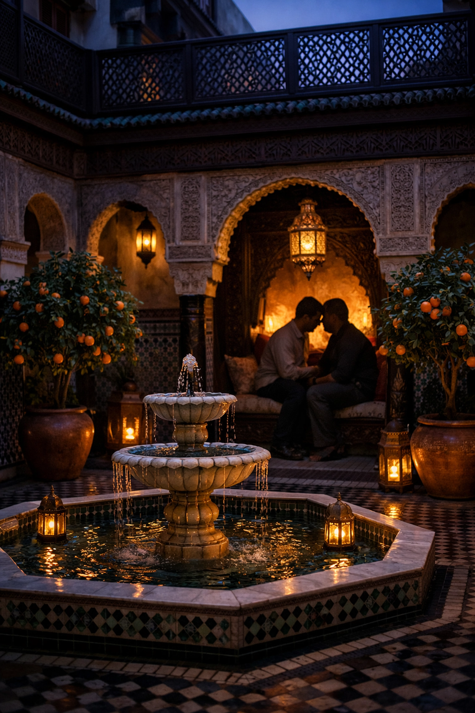 Two men sharing intimate moment in traditional Marrakech riad courtyard for gay romance novels