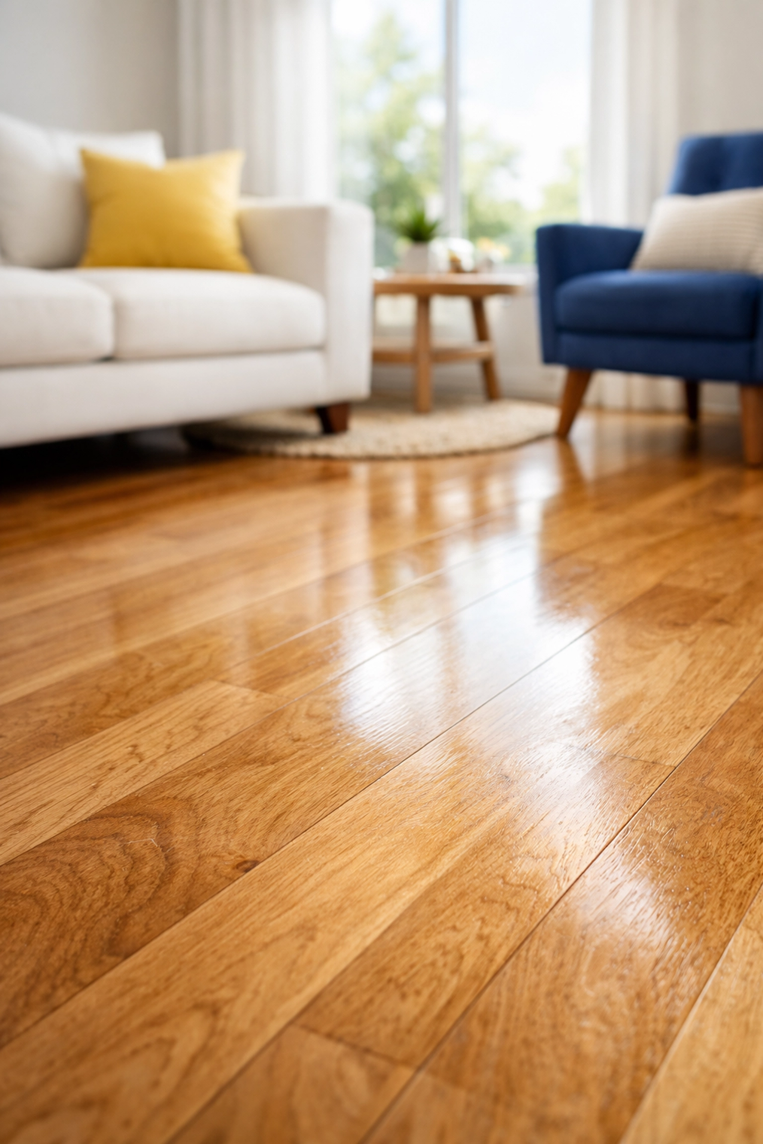 Clean modern living room in Concord featuring non-toxic cleaning and dust-free hardwood floors.