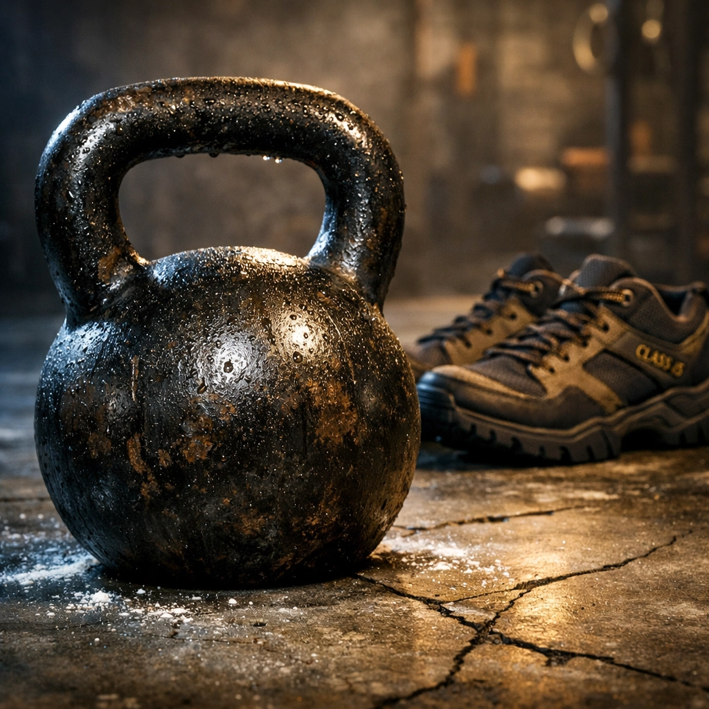 Heavy kettlebell and tactical training shoes in a gritty gym, representing the discipline of self-reliance.