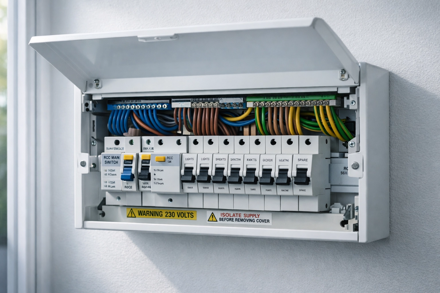 Modern consumer unit with circuit breakers meeting 2026 electrical regulations in Dorset home