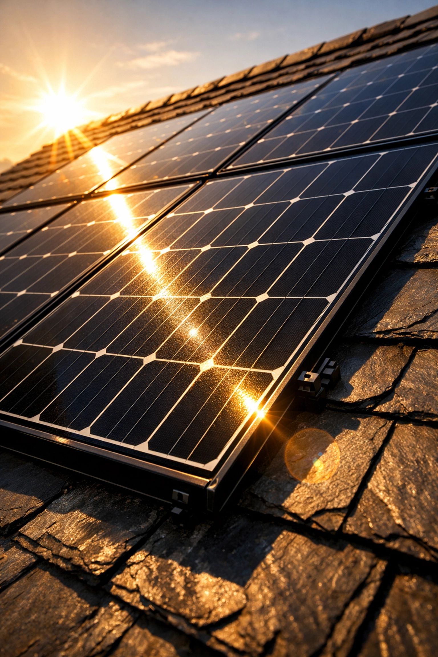 Sleek black solar panels installed on a rooftop, capturing sunlight for clean energy.